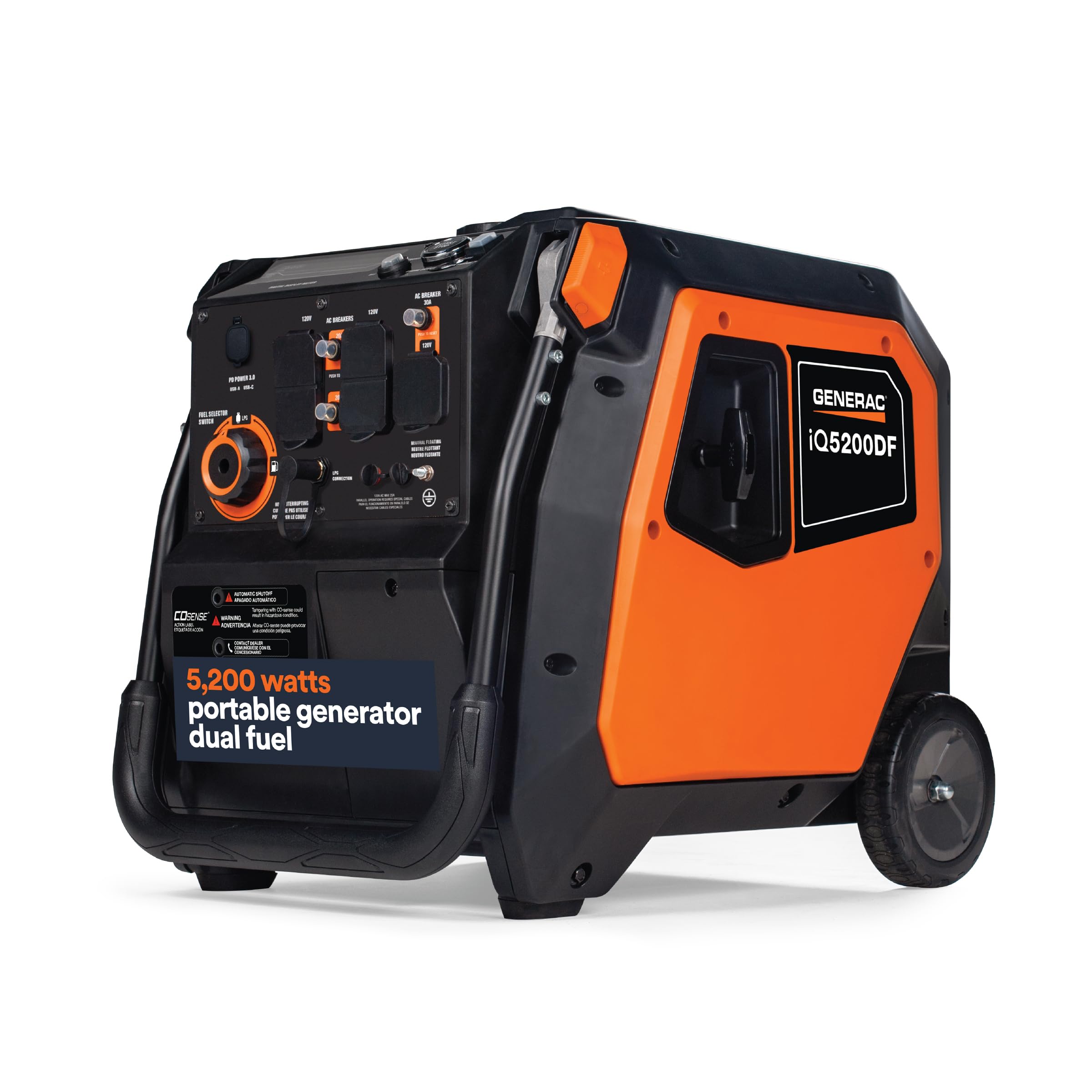 Generac 5,200-Watt Dual-Fuel Portable Inverter Generator - Gas and Propane Compatible - Quiet Operation - Produces Clean, Stable