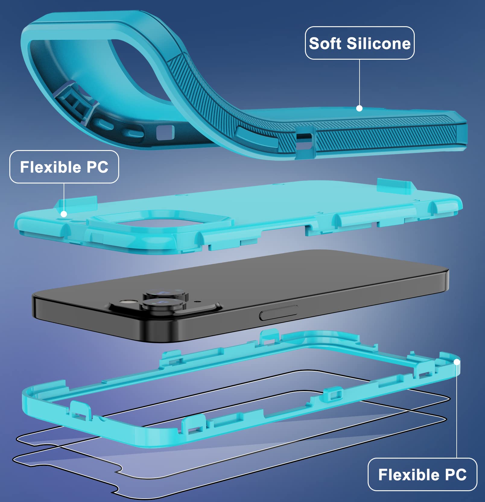 Annymall Iphone 14 Rugged Case (6.1'')   Heavy Duty 3 Layer Shockproof, Dropproof & Dustproof W/ 2 Screen Protectors (Lake/Sky B