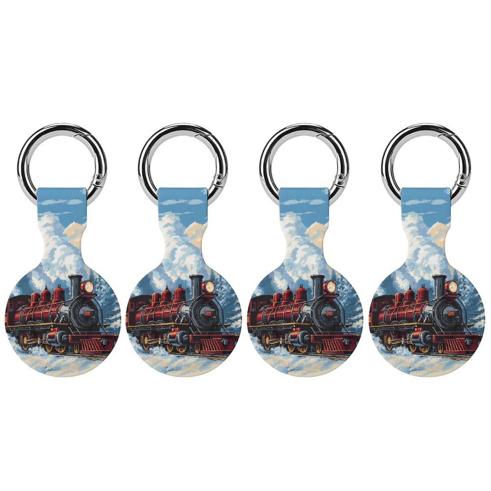 Vintage Steam Train Silicone Case Compatible with Airtags Protective GPS Holder with Keychain for Wallet Luggage Pets
