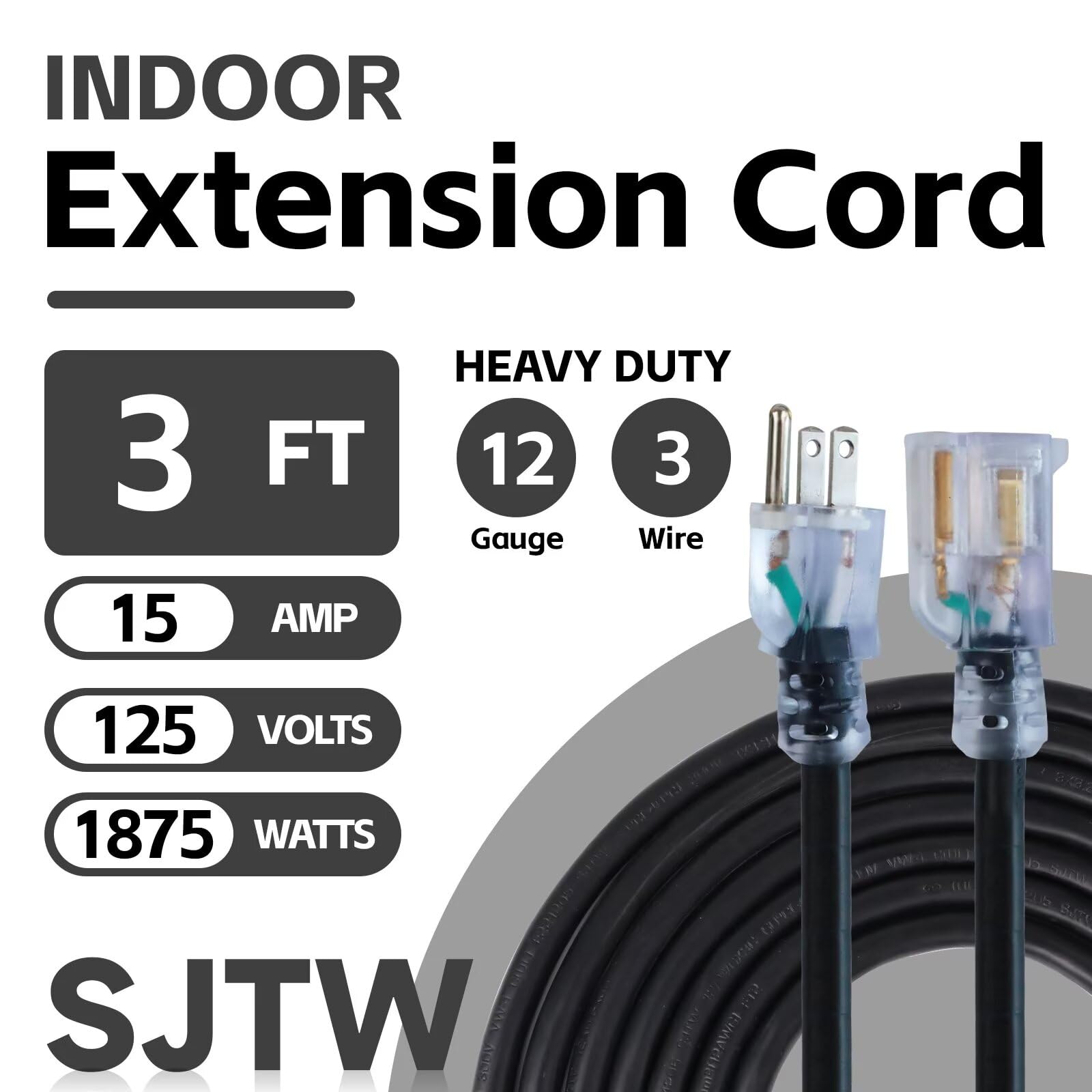 Ultra Explorer Indoor Extension Cord Waterproof 3 Ft, 12 Gauge Heavy Duty Black Extension Cord Sjtw, Flexible Cold Resistant 3 P