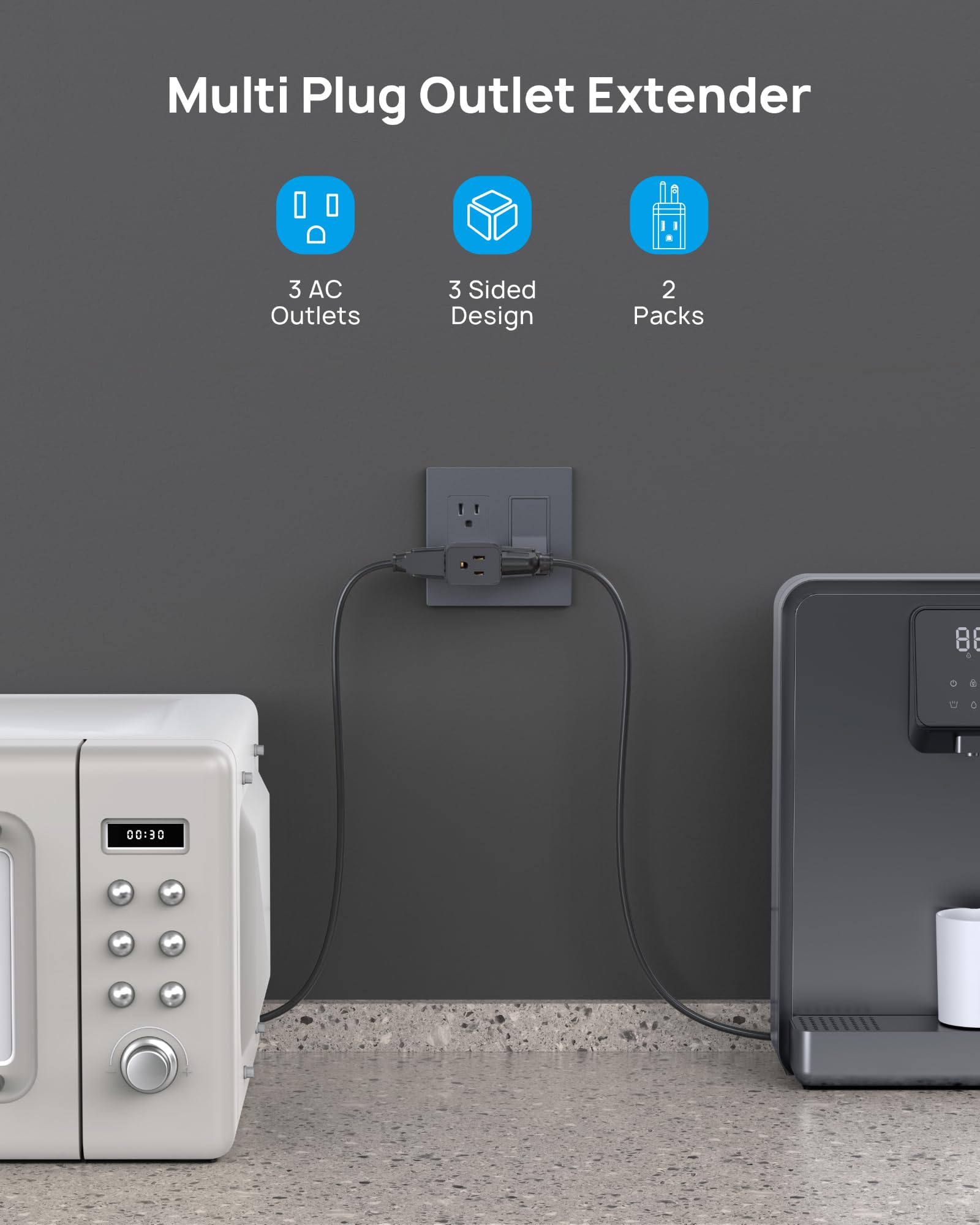 Trond Multi Plug Outlet Extender 2 Pack   Horizontal Electrical Wall Outlet Splitter, 3 Way Plug Extension Outlet Adapter, Multi