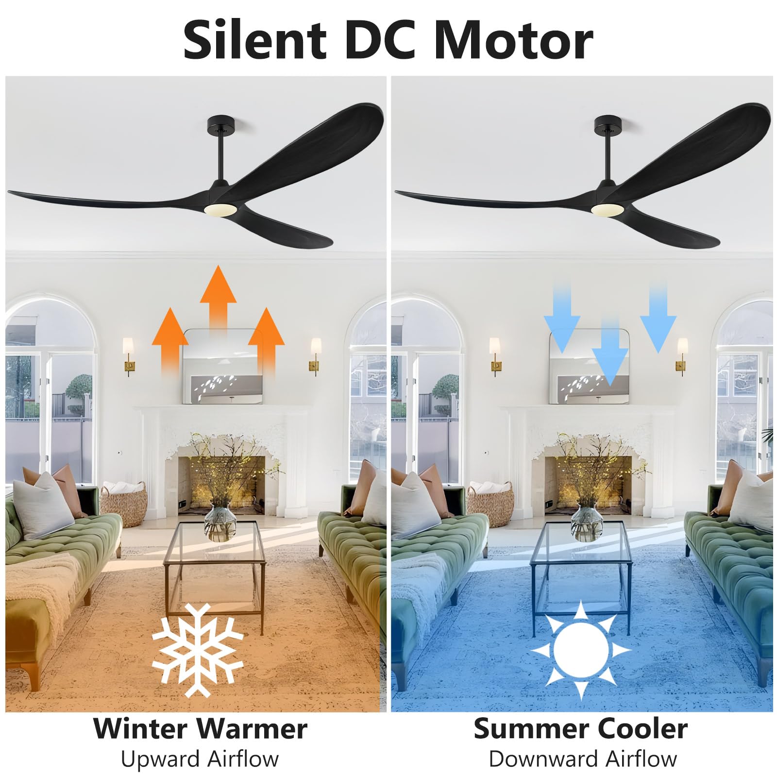 Abz Ceiling Fans With Lights   72 Inch Propeller Ceiling Fan With Remote Control, 3 Blades Black Solid Wood Ceiling Fan For Indo