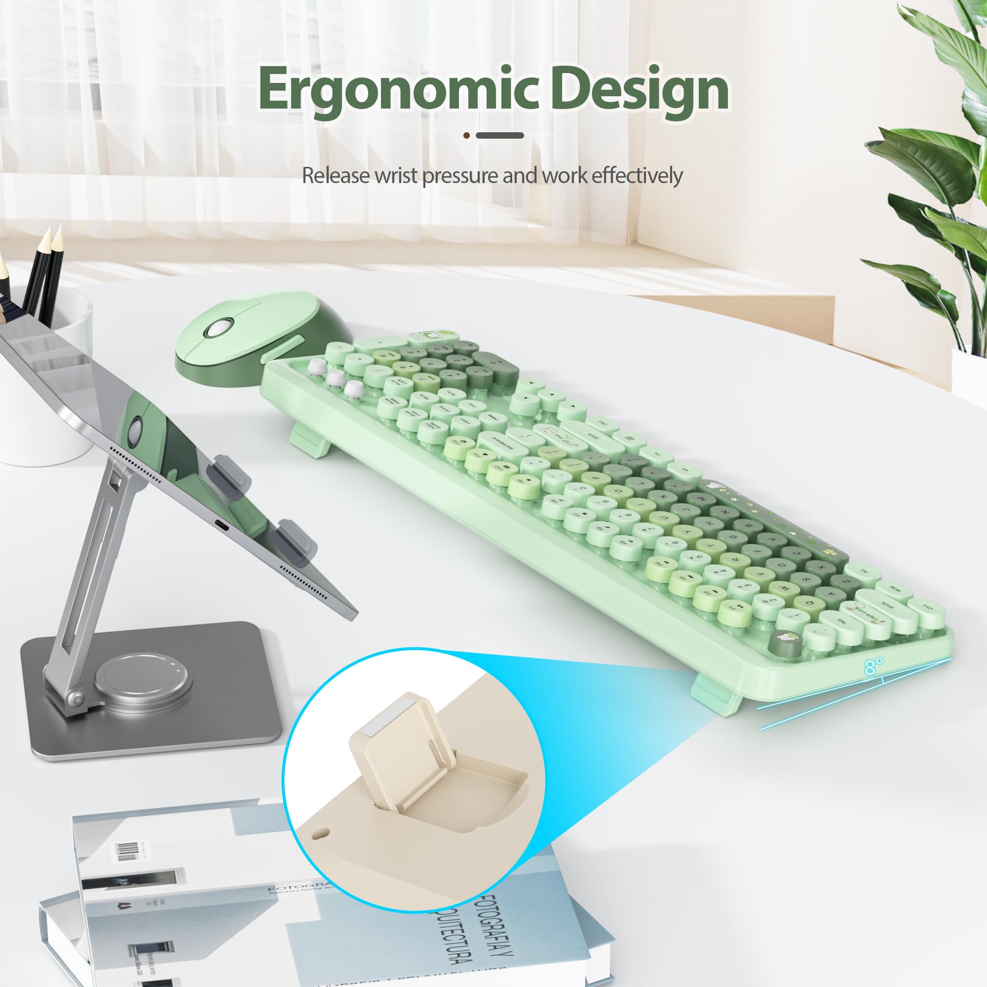 Fogruaden Green Keyboard And Mouse Wireless, Retro Typewriter Keyboard, 2.4Ghz 104 Keys Full Size Cute Keyboard With Number Pad,