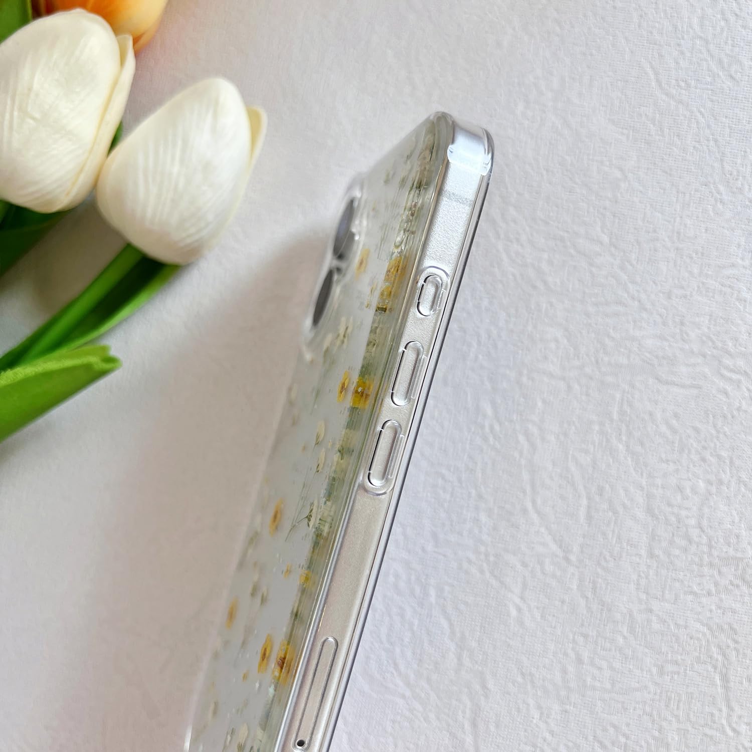 Lseeka For Iphone 16 Clear Case With Pressed Real Flowers Design,Glitter Cute Yellow Floral Pattern Slim Soft Tpu Protective Wom