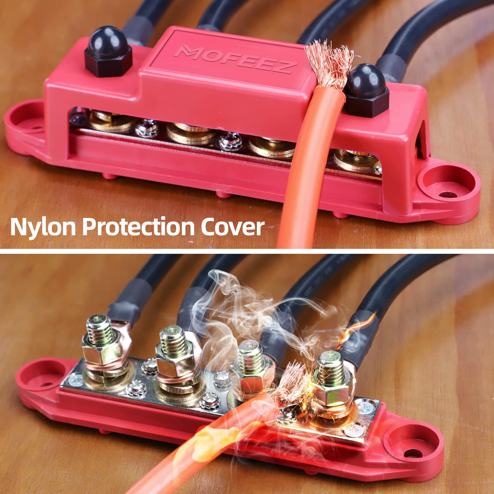 Mofeez Power Distribution Block Bus Bar, 4 X 3/8' Posts, 6 X #8 Screws Terminals, Max 48V 250A (Pair, Red & Black)