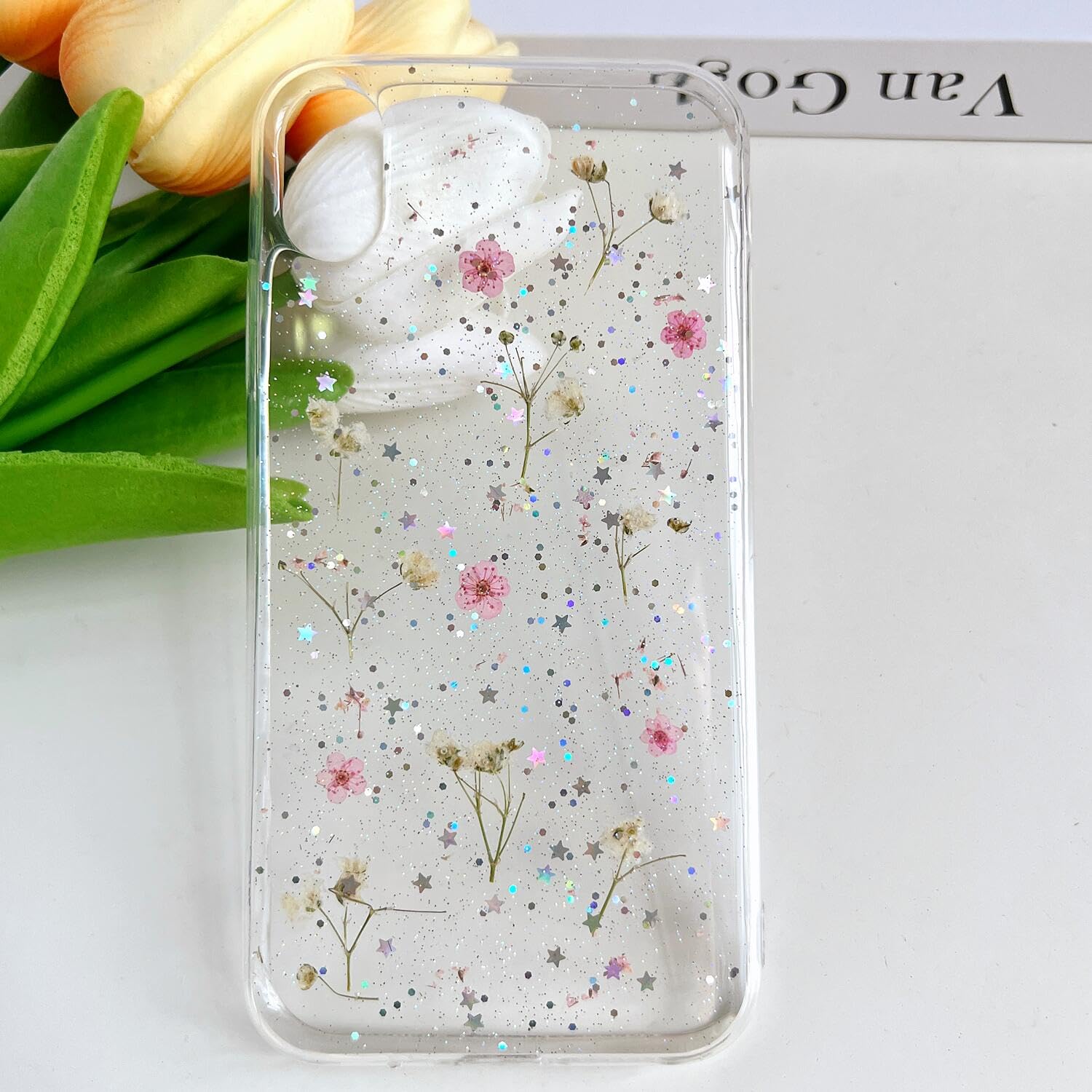 Lseeka For Iphone Xr Clear Case With Pressed Real Flowers Design,Glitter Cute Pink Floral Pattern Slim Soft Tpu Shockproof Prote
