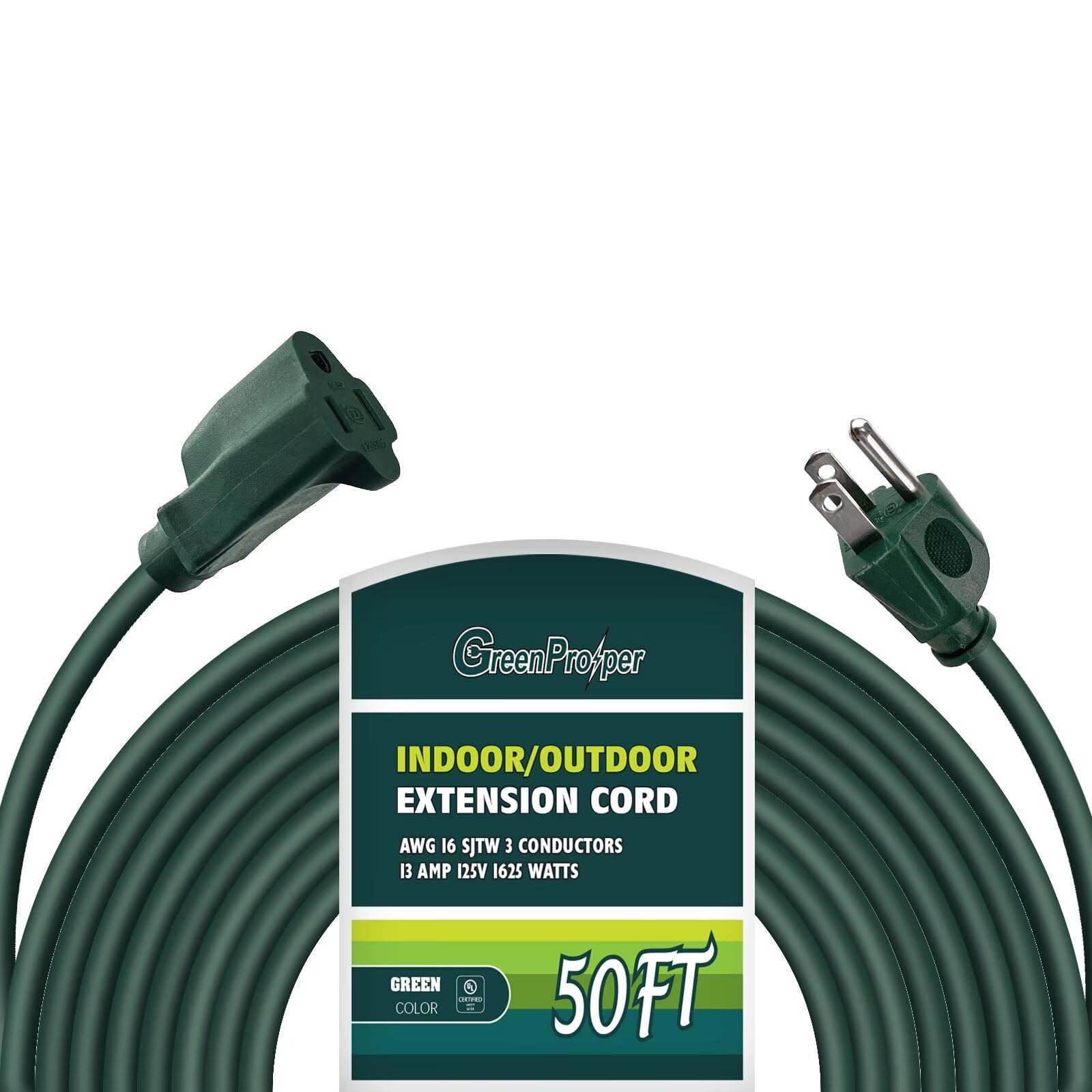 Greenprosper 50 Ft Indoor Outdoor Green Extension Cord, 16 Gauge Waterproof Electrical Power Cable, 16/3 Sjtw 3 Prong Grounded P