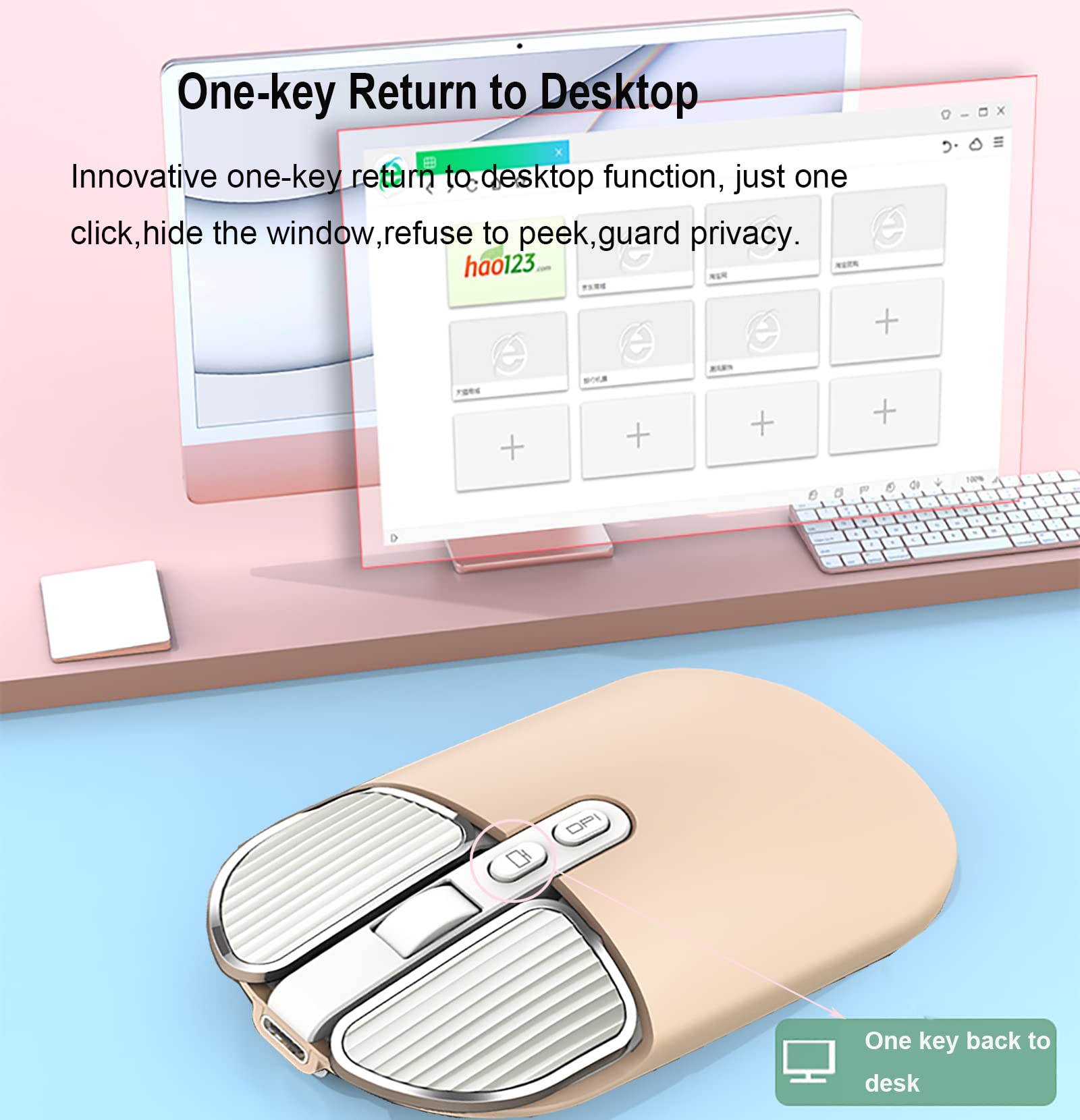 Jieruideng 2.4G Wireless Rechargeable Mouse With Usb Receiver,One Click Return To Desk,Mute Button,Power Saving, 2400Dpi Optical