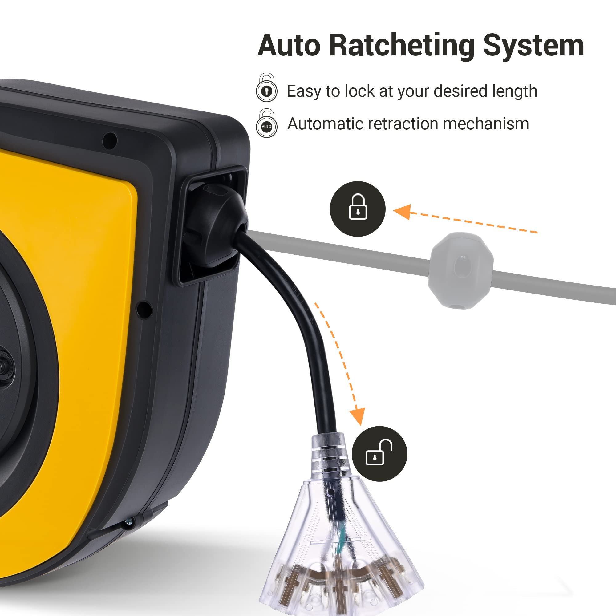 Dewenwils Retractable Cord Reel, 60 Ft Heavy Duty Extension Cord, 12Awg/3C Sjtow, 3 Grounded Outlets Lighted Triple Tap, 15A Cir
