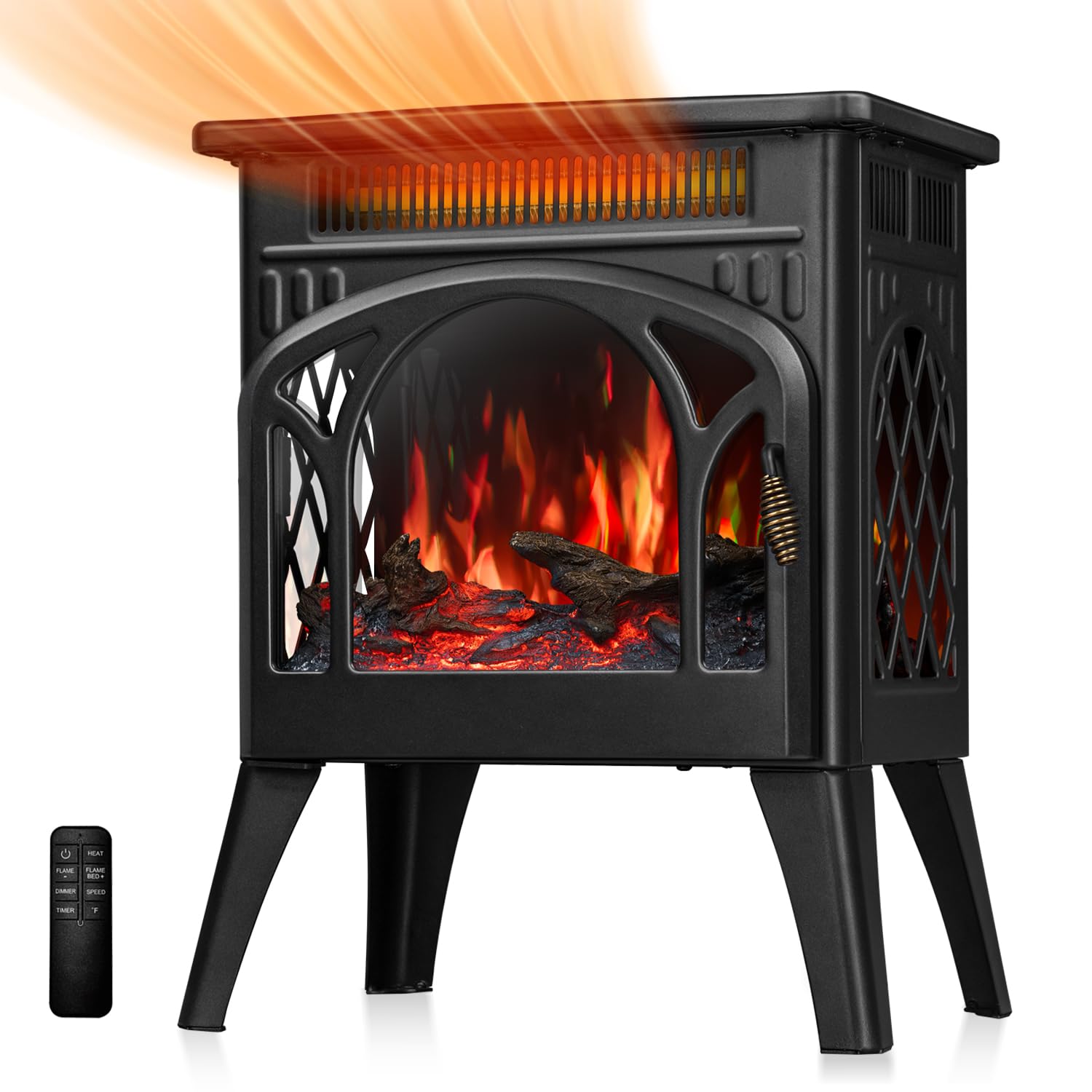 R.W.Flame Electric Fireplace Heater 17'' With Remote Control, Cathedral Stylish, Different Flame Effects And Log Set Colors, Adj
