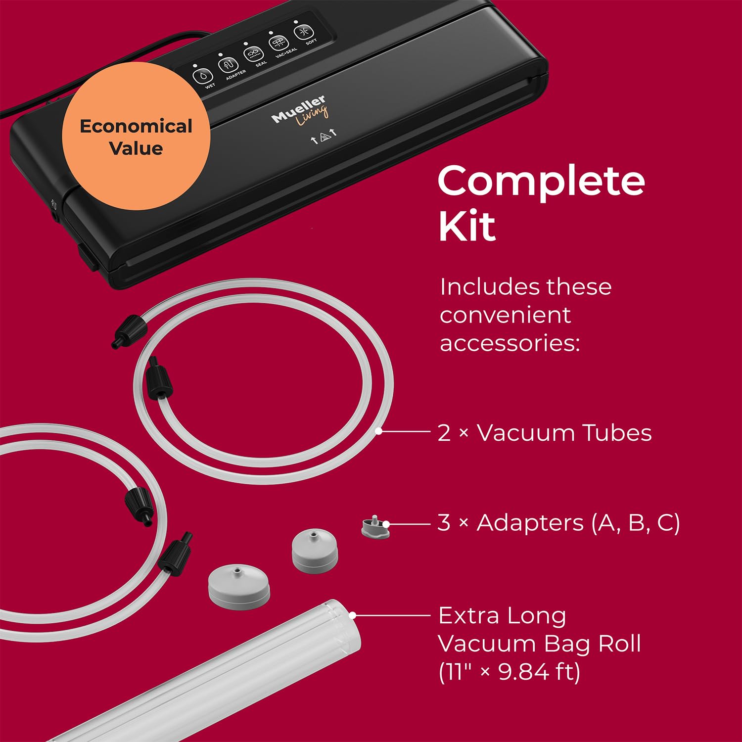 Muellerliving Vacuum Sealer Machine, Compact Vacuum Sealer Kit With Bags/Roll, Led Light Indicators, Preserve, Marinate, Sous Vi