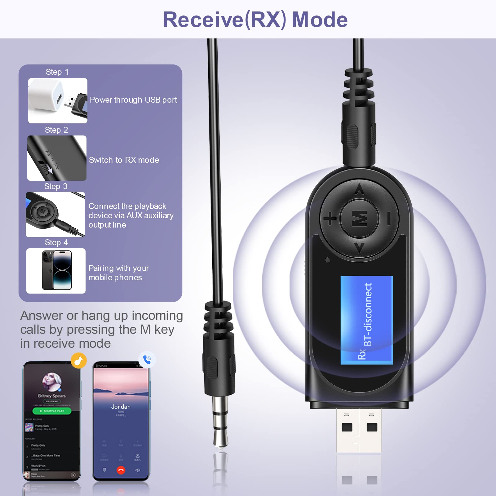 Jxtz Bluetooth Transmitter Receiver With Lcd Screen, 2 In 1 Noise Cancelling Bluetooth Aux Adapter For Car, 3.5Mm Wireless Audio