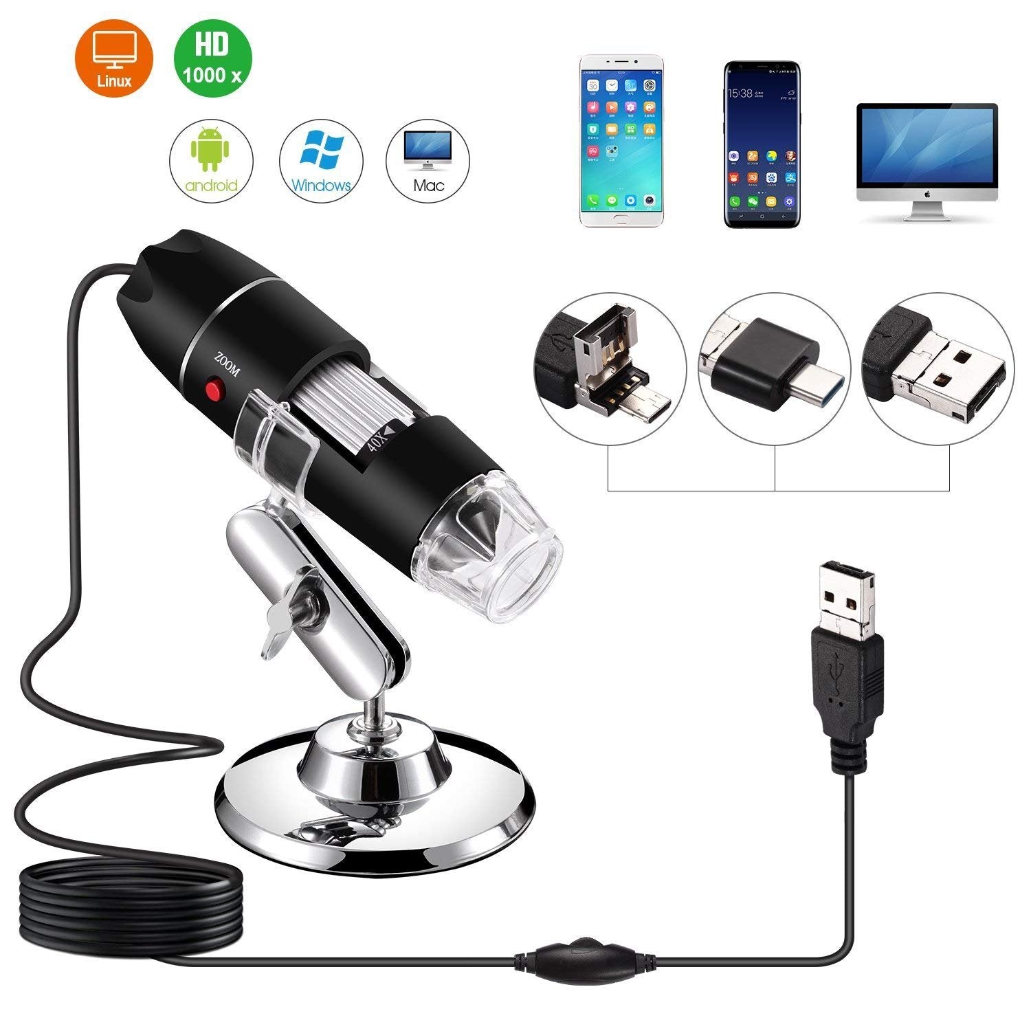 Jiusion 40 To 1000X Magnification Endoscope, 8 Led Usb 2.0 Digital Microscope, Mini Camera With Otg Adapter Metal Stand, Compati
