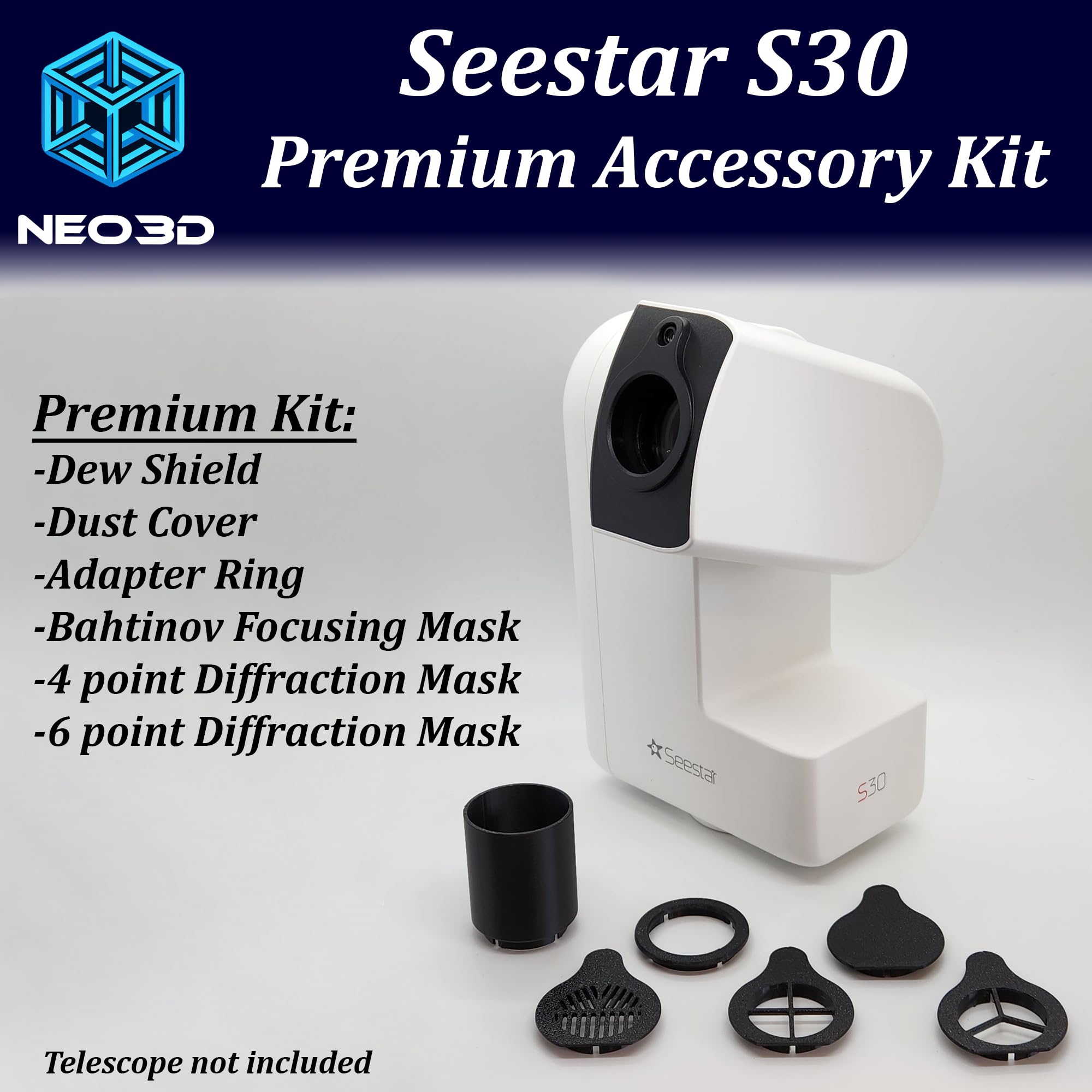 Seestar S30 Dew Shield Premium Glow Accessory Kit, Dew Shield, Dust Cap, Glow In The Dark Feet, Bahtinov Focus Mask, Diffraction