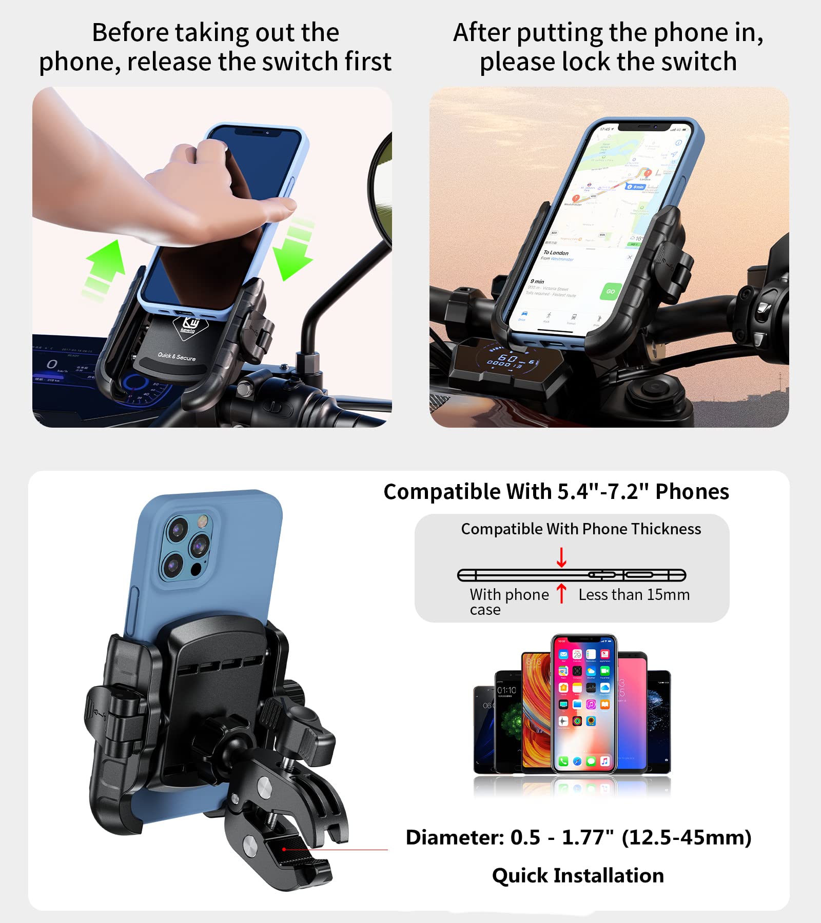 Kewig Motorcycle Phone Mount, Adjustable Handlebar Clip, 360 Rotation, Camera Friendly, Wide Compatible, Secure Phone Holder, Un
