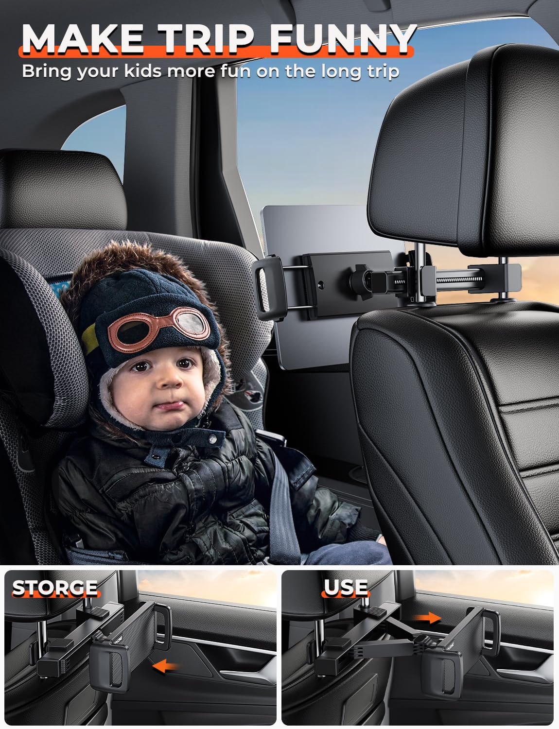 TRYONE Car Tablet Holder, Headrest Tablet Mount   [Thicker Carbon Steel] Car Holder Back Seat for Kids Travel Road Trip, Compatible with iPad, All 4.7~12.9' Tablets, Phones, Galaxy, Fire HD