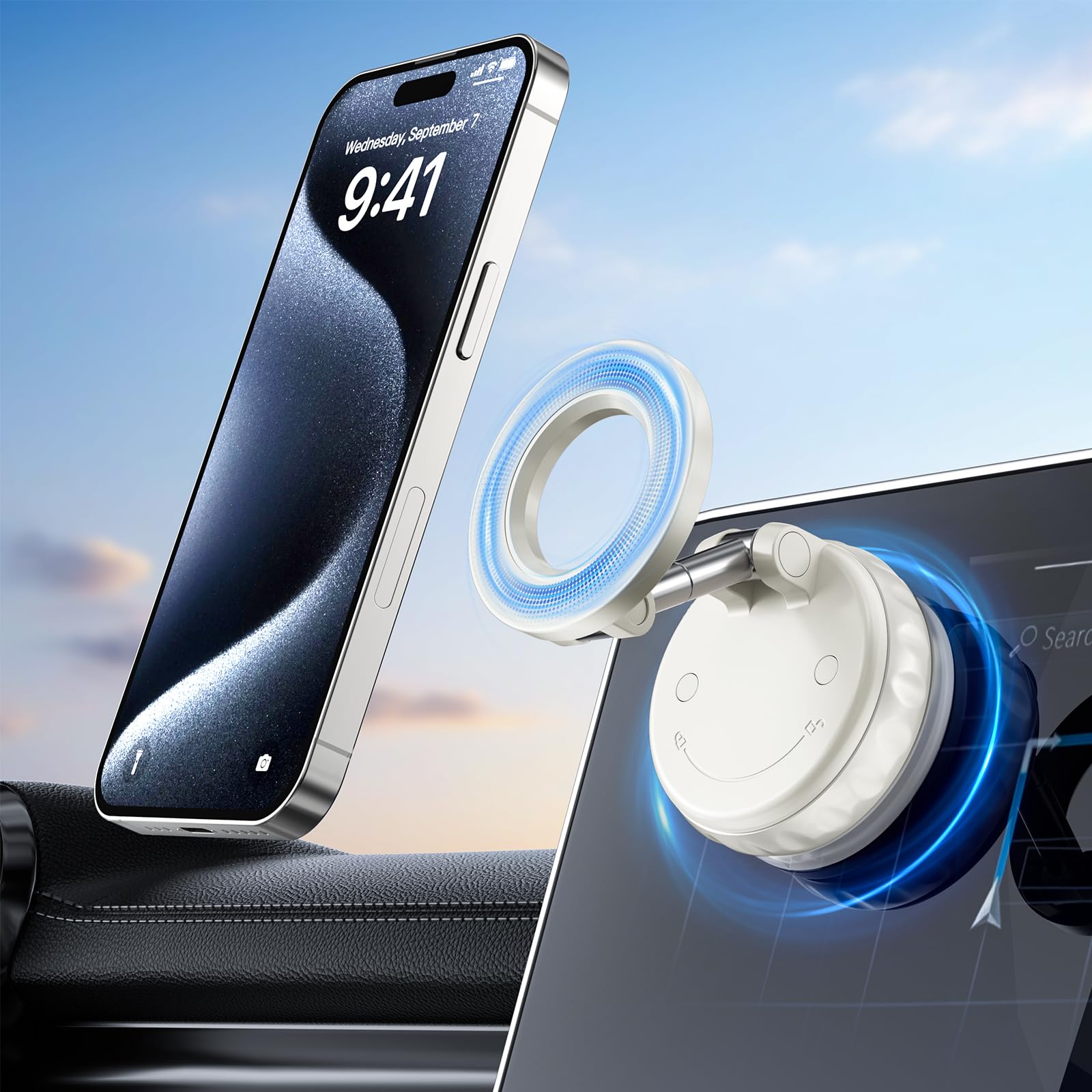 Vacuum Suction Magnetic Phone Holders For Your Car, 360 Adjustable Car Phone Holder, Suction Cup Car Phone Mount (White)