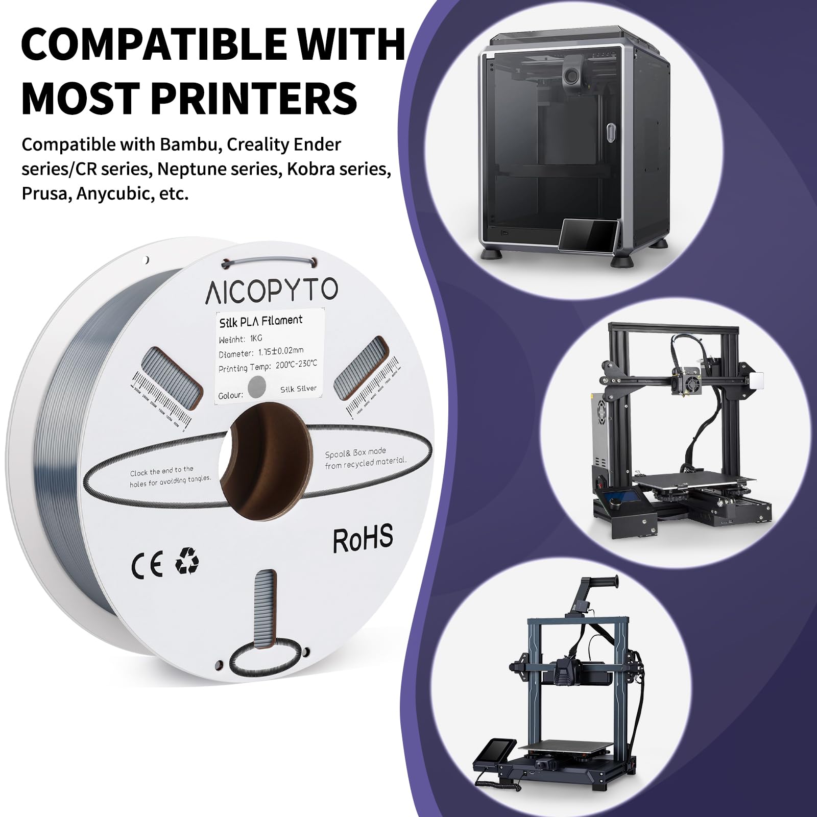 Aicopyto Silk Silver Pla Filament 1.75Mm, 3D Printer Silk Pla Silver Filament 1Kg Spool (2.2Lbs) Dimensional Accuracy Probabilit