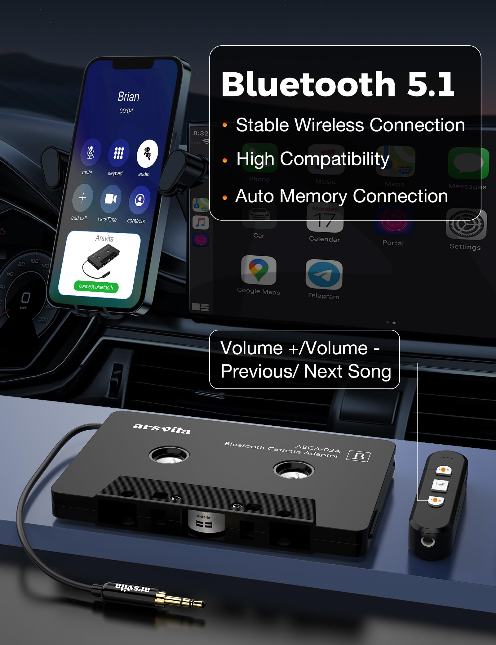 arsvita Bluetooth Cassette to Aux Adapter, 5.1 Receiver Kit, 3.5mm Compatibility, Black, Small Size, Type BCAK04