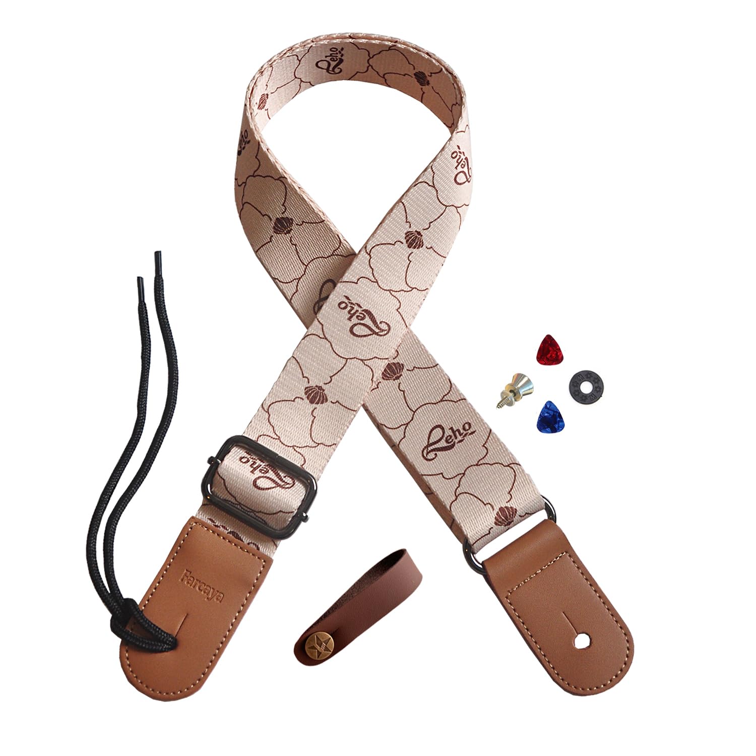 Farcaya Ukulele Strap Hawaiian Style Soprano Concert Tenor Baritone Uke Music Instrument Accessories Neck Tie Lock Button (Beige
