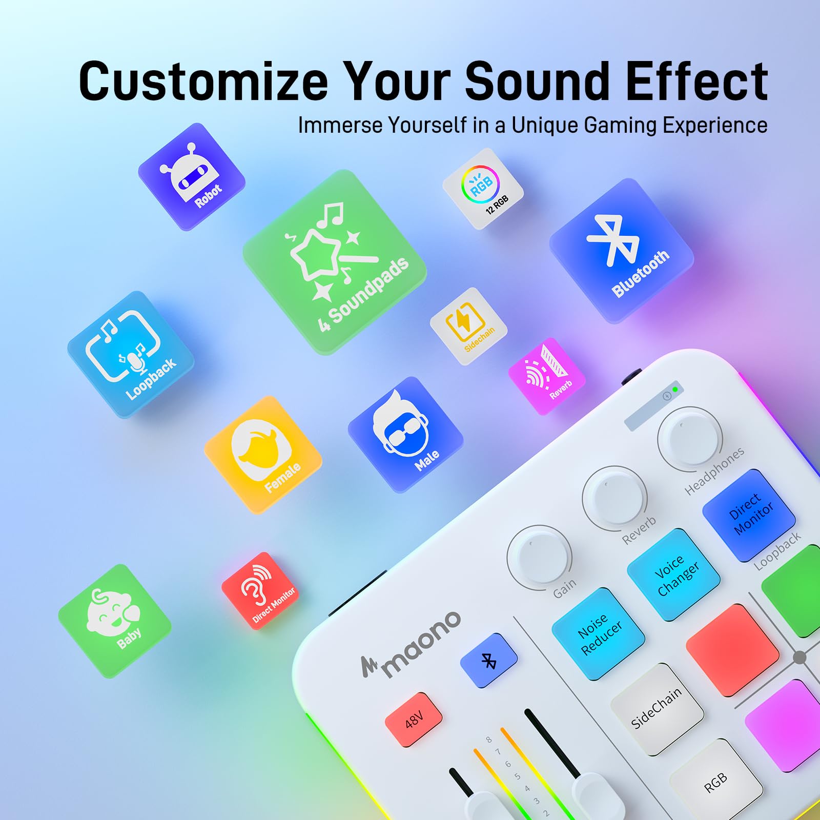 Maono Gaming Audio Mixer, Audio Interface With Pro Preamp, Rgb, Bluetooth, 48V Phantom Power For Live Streaming, Podcasting, Con