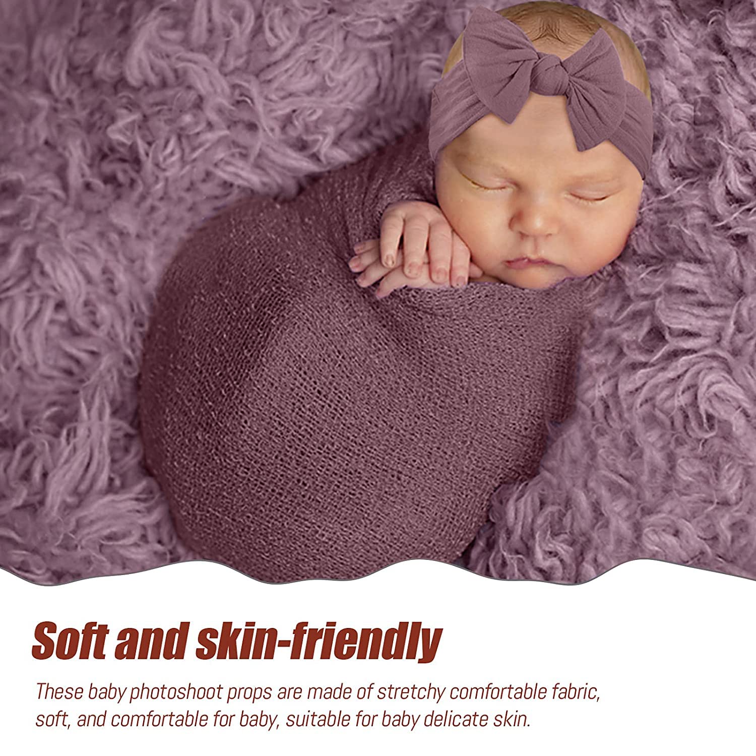 Aoke 5 Pcs Newborn Photography Wrap Props Kit, Newborn Photo Props Long Ripple Wraps Diy Blanket With Flower Headbands, Purple T