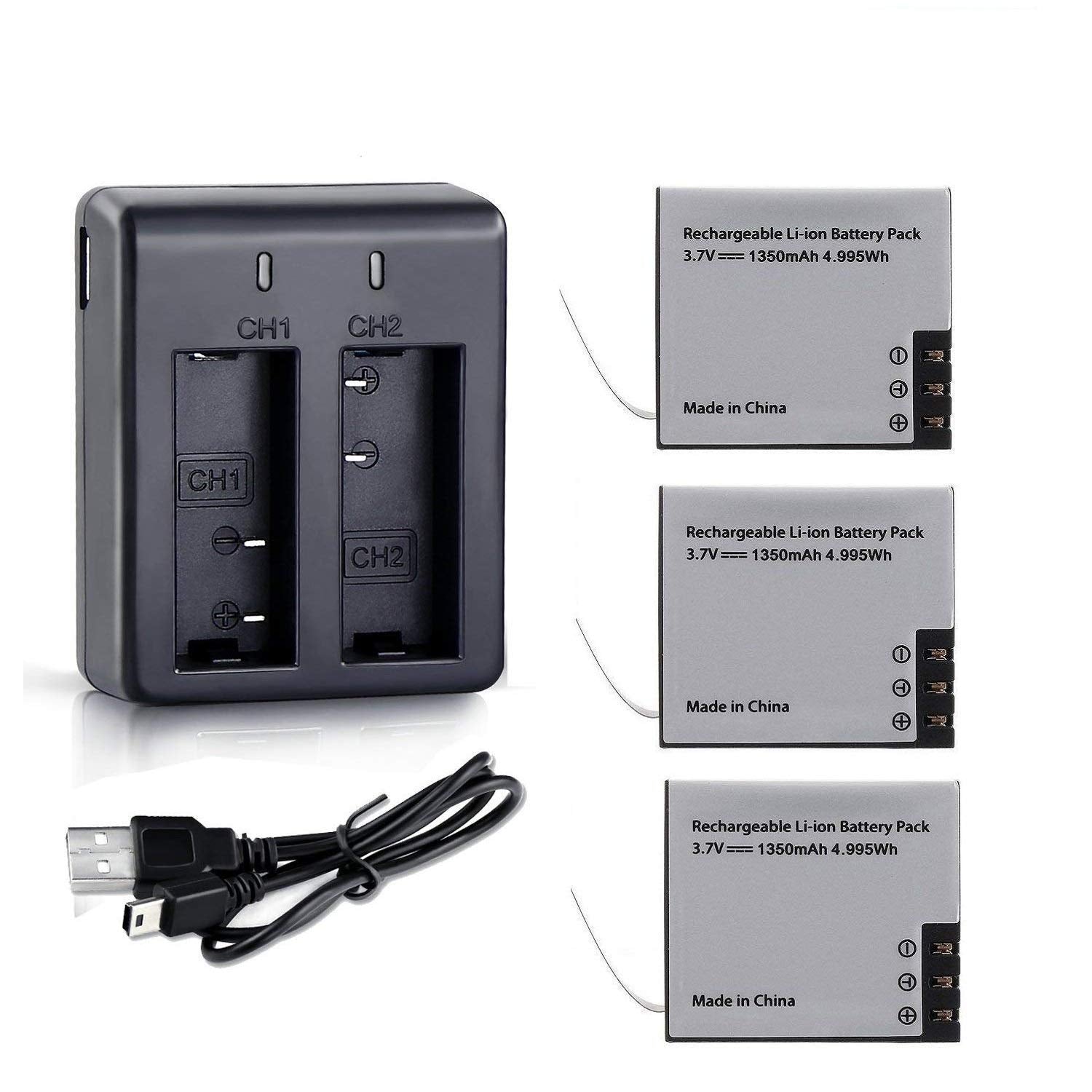 VVHOOY 3x1350mAh Rechargeable Action Camera Battery and Charger Compatible with AKASO EK7000/Brave 4/Dragon Touch Vision 3 4K/DB