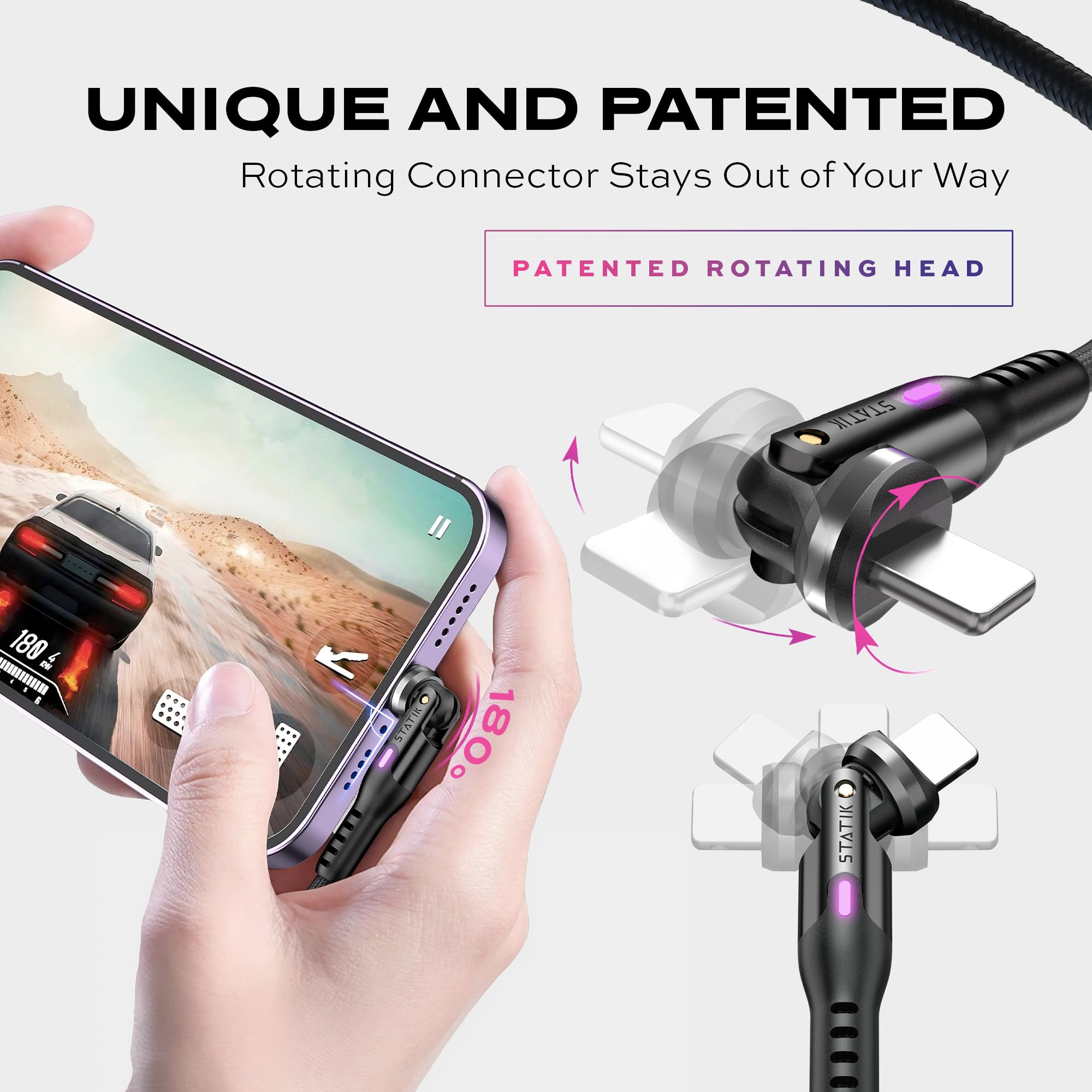 Statik Powerpivot 12W Usb To Iphone Compatible Charging Cable   Right Angle Cable With 360 Degree Rotating Head, 90 Degree Swive