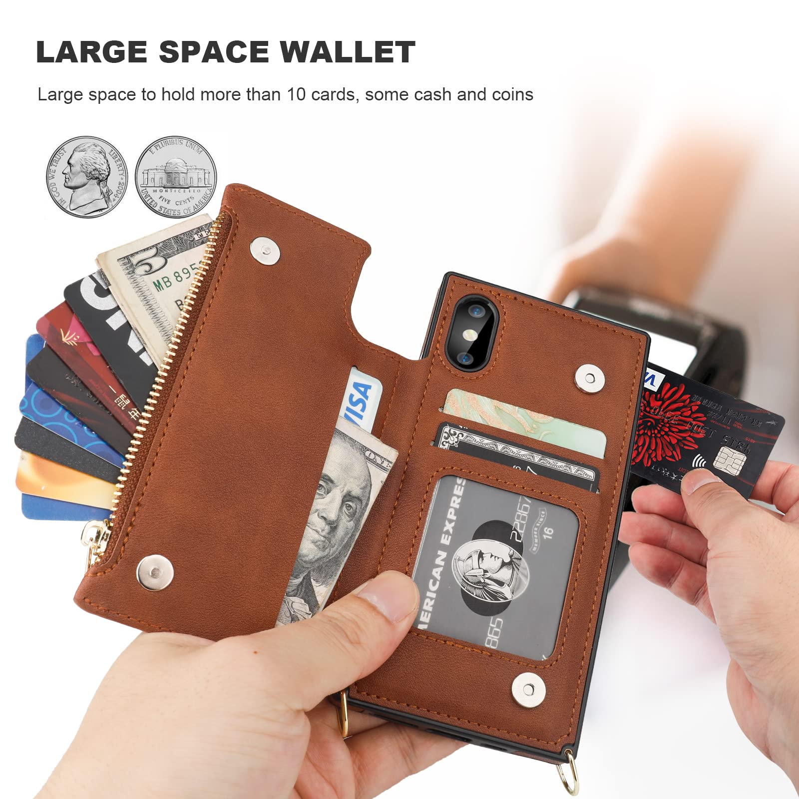 Bocasal Crossbody Wallet Case For Iphone X Xs With Card Holder,Zipper Card Slot Protector Shockproof Purse Cover With Removable