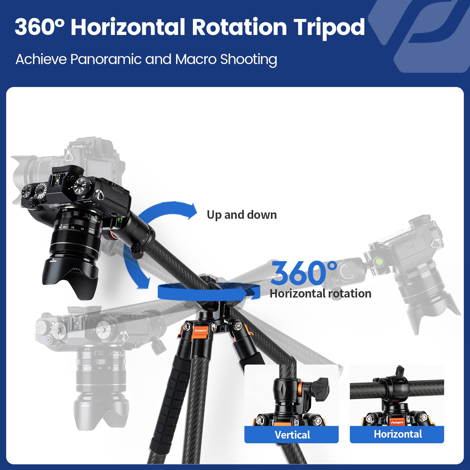 Fotopro Horizontal Camera Tripod 62.6 Inch Carbon Fiber 360 Degree Ball Head Quick Release Plate Dslr Tripod For Travel Camera V
