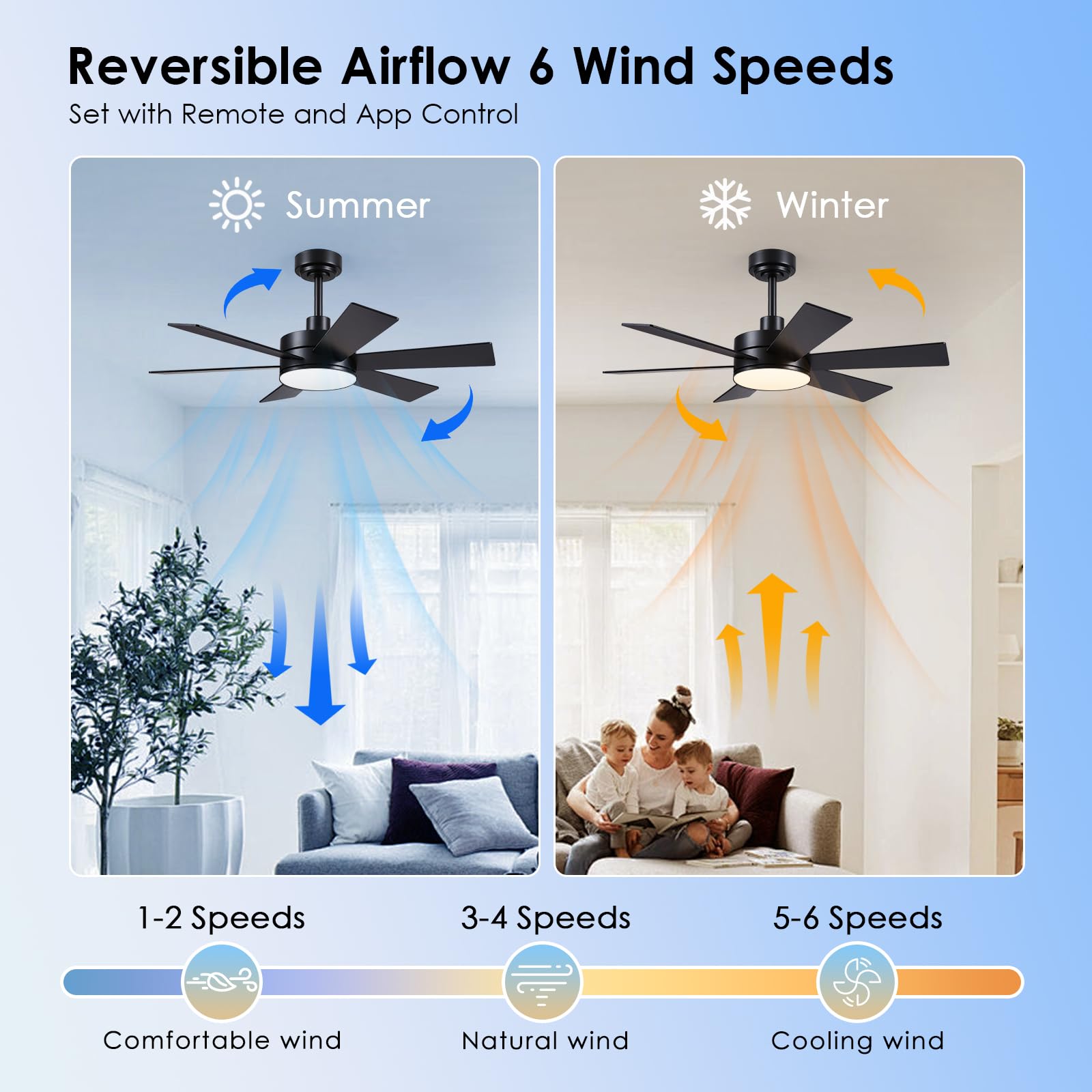 42 Inch Ceiling Fans With Lights, Black Ceiling Fan With Remote App, Dual Sided Modern/Rustic 6 Blades, Reversible, 3Cct, Sloped