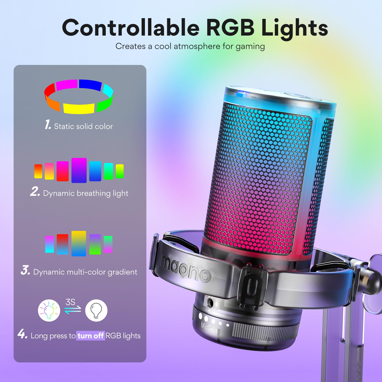 Maono Gaming Usb Microphone For Pc With Noise Cancellation, Computer Rgb Condenser Mic For Streaming Discord Twitch Youtube Podc