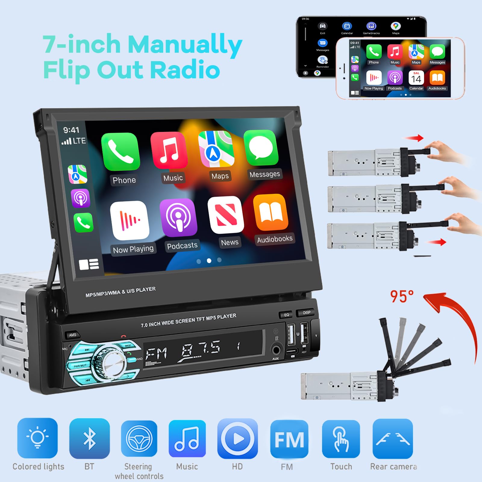 Single Din Flip Out Screen Car Stereo With Wireless Carplay And Android Auto, 7 Inch 1 Din Touch Screen Radio Support Bluetooth/