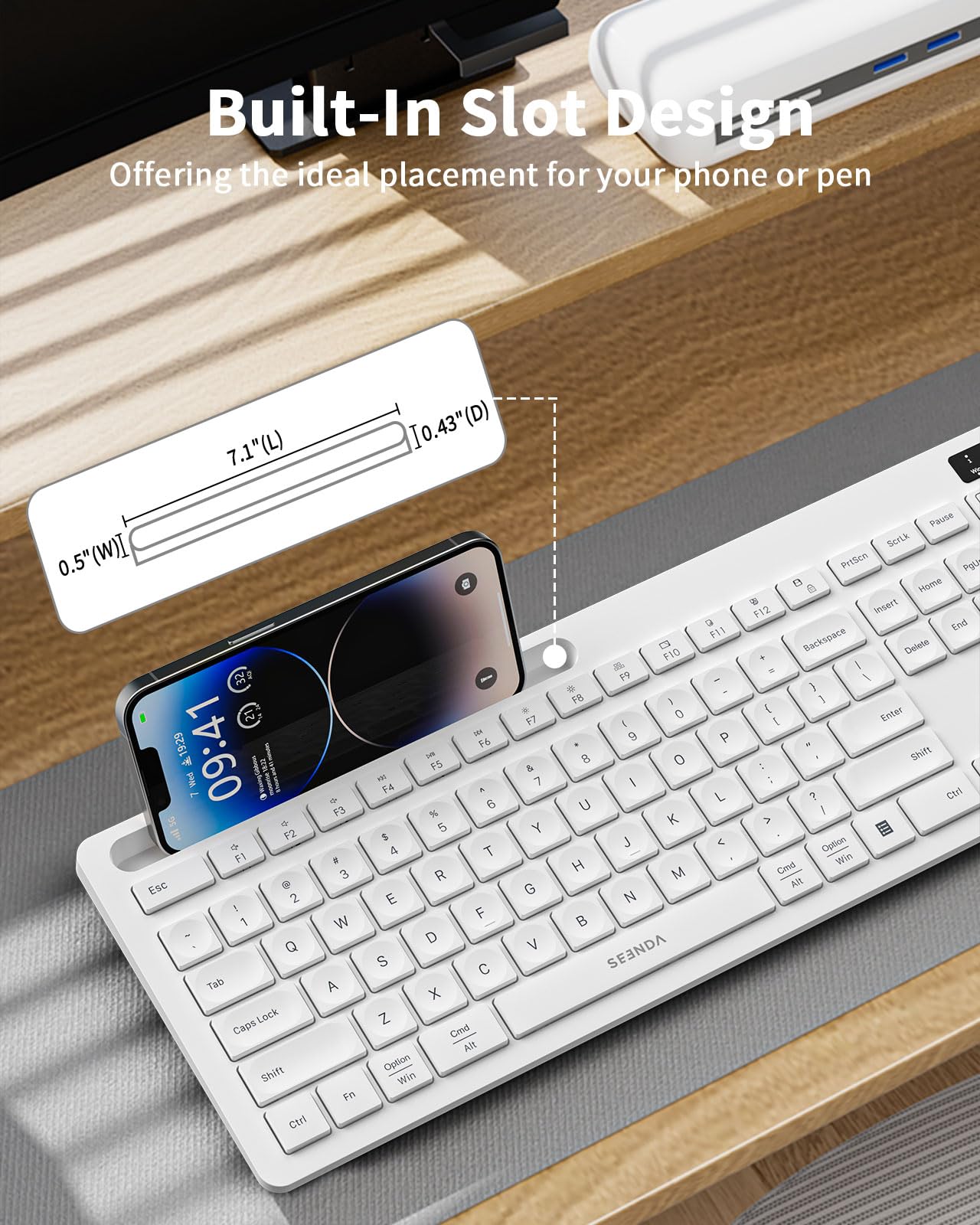 White Keyboard And Mouse Wireless, Seenda Full Size Keyboard With Phone Holder Usb A & Type C Receiver 2.4G Silent Usb Keyboard