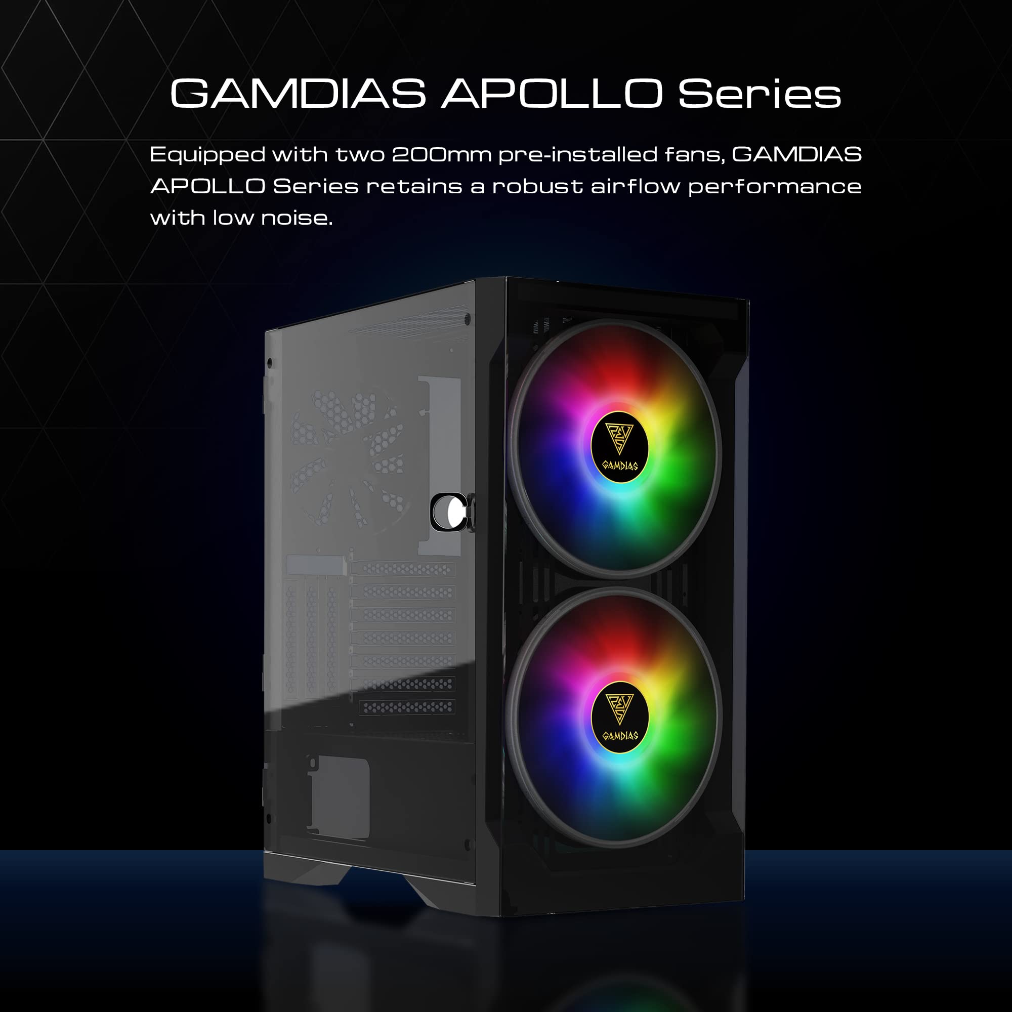 Gamdias Apollo E2 Elite Gaming Case Mid Tower Atx 2 X 200Mm Argb Fan Trapezoidal Tempered Glass Panel With Tool Free Installatio