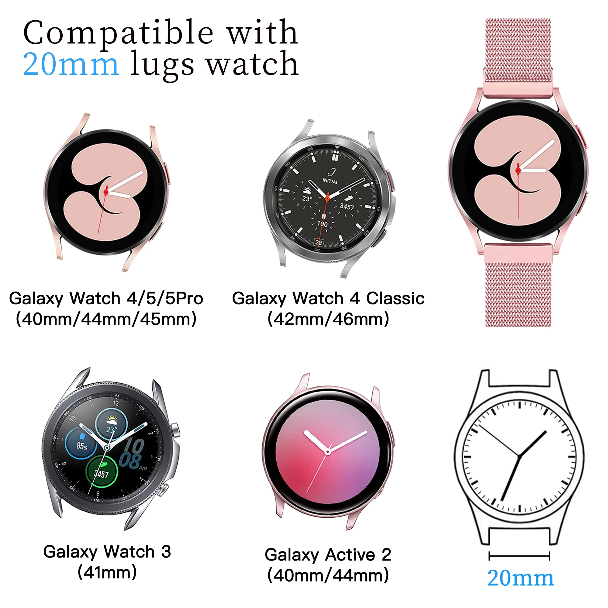 2 Packs Soft Metal Milanese Samsung Watch 4/5 Band, Mesh Loop 20Mm Super Breathable & Comfortable Band, Compatible With Samsung