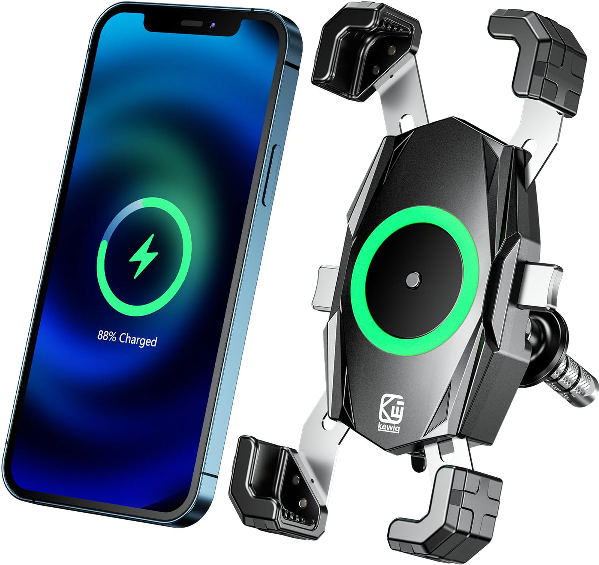 Kewig Motorcycle Fork Stem Phone Mount With Qi 15W Wireless Charger & Usb C 20W Fast Charging Port, One-Push Automatically Lock 