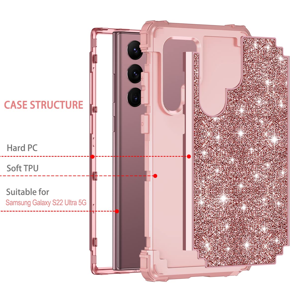Lontect For Galaxy S22 Ultra 5G Case Three Layer Shockproof Heavy Duty Hybrid Sturdy High Impact Protective Cover Glitter Sparkl