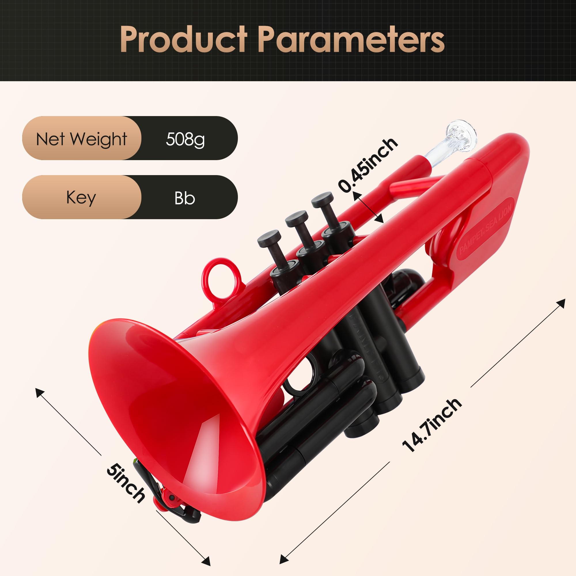 Pampet Sea Lion Professional Plastic Bb Trumpet Standard Trumpets Trumpet Set For Student Beginner Bb Trumpet Instrument (Red)