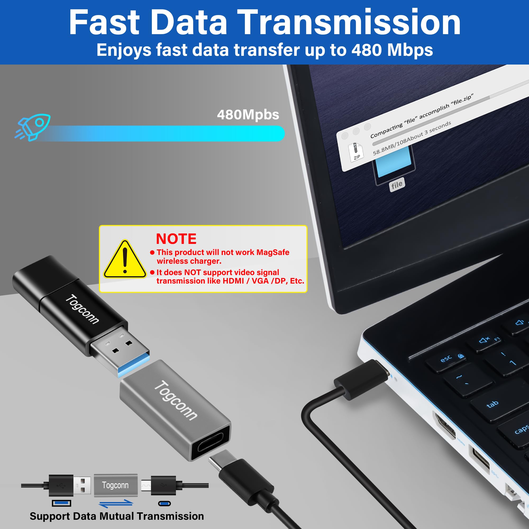 Togconn Usb C To Usb 3.0 Adapter (2 Pack),Usb Type C (Female) To Usb A (Female) Coupler Convert,Bi Directional High Speed Usb Ex