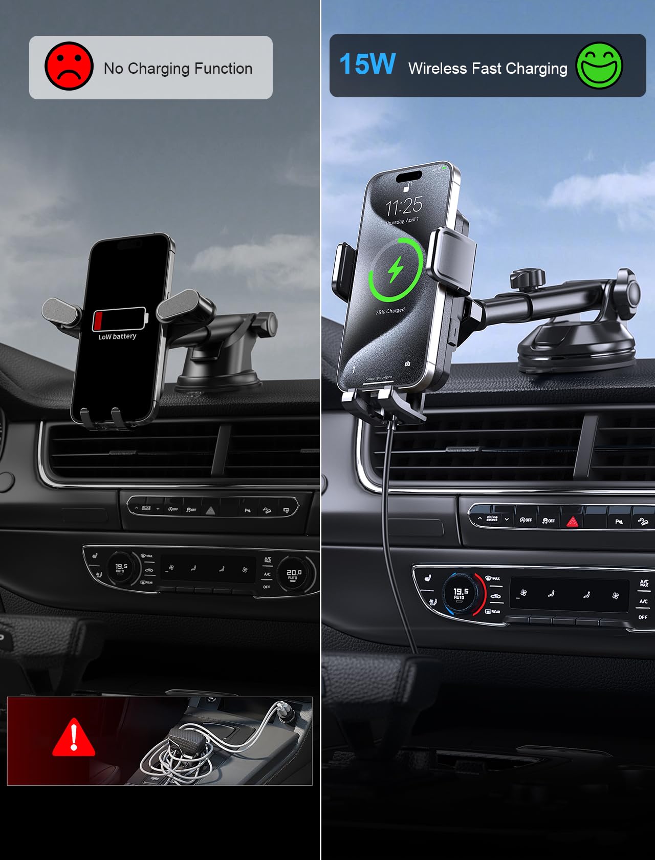 Wireless Car Charger, Mokpr 15W Fast Charging Auto Clamping Dashboard Windshield Air Vent Car Phone Holder With Led Light Car Ch