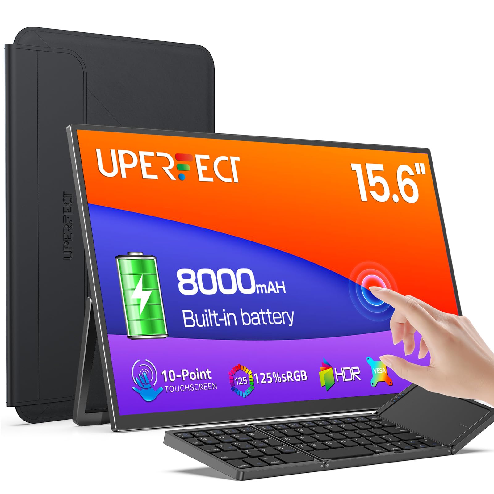 UPERFECT Portable Monitor Touchscreen 15.6, Laptop Monitor with Bluetooth Keyboard, Built-in 8000mAh Battery | Adjustable Stan