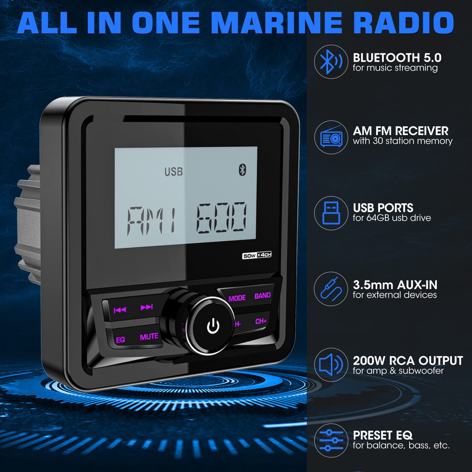 Waterproof Marine Digital Media Receiver   Bluetooth Marine Stereo With 2.8 Inch Lcd Display   Aux Usb Input Am Fm Subwoofer Pre