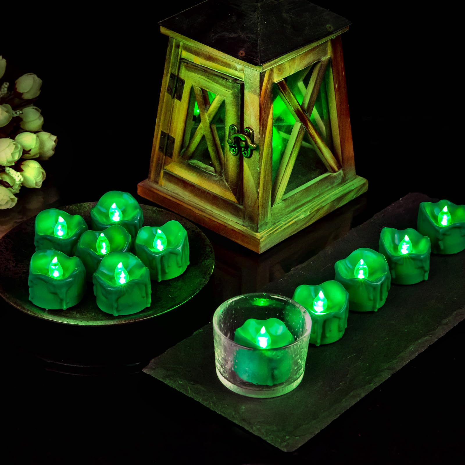 Windshell Green Flickering Flame Tealight Candles With Timer, Melting Design (Plastic), Battery Operated Led Flameless Tea Light