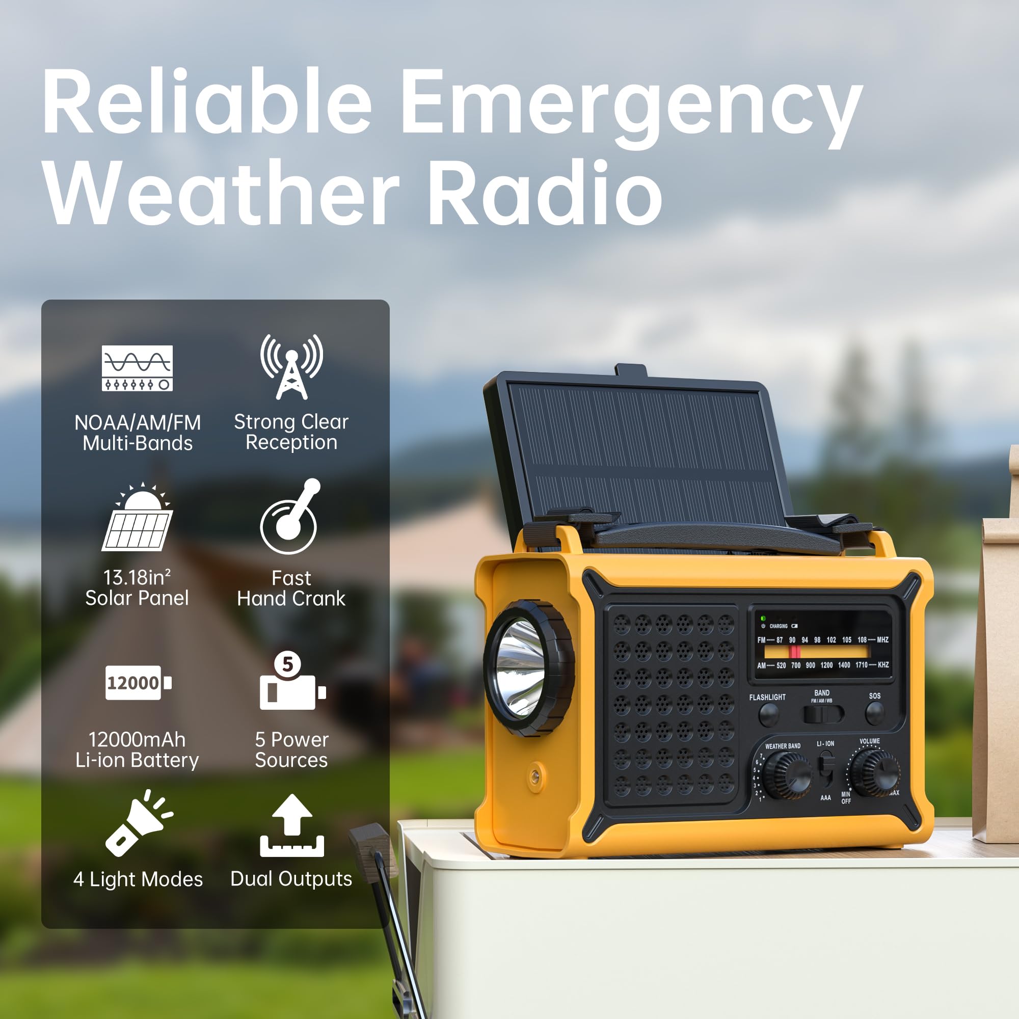 Weather Radios Portable Am Fm Noaa Alert With Battery Backup 12000Mah 44400Mwh, Fast Solar Power, Emergency Radio Hand Crank Fla