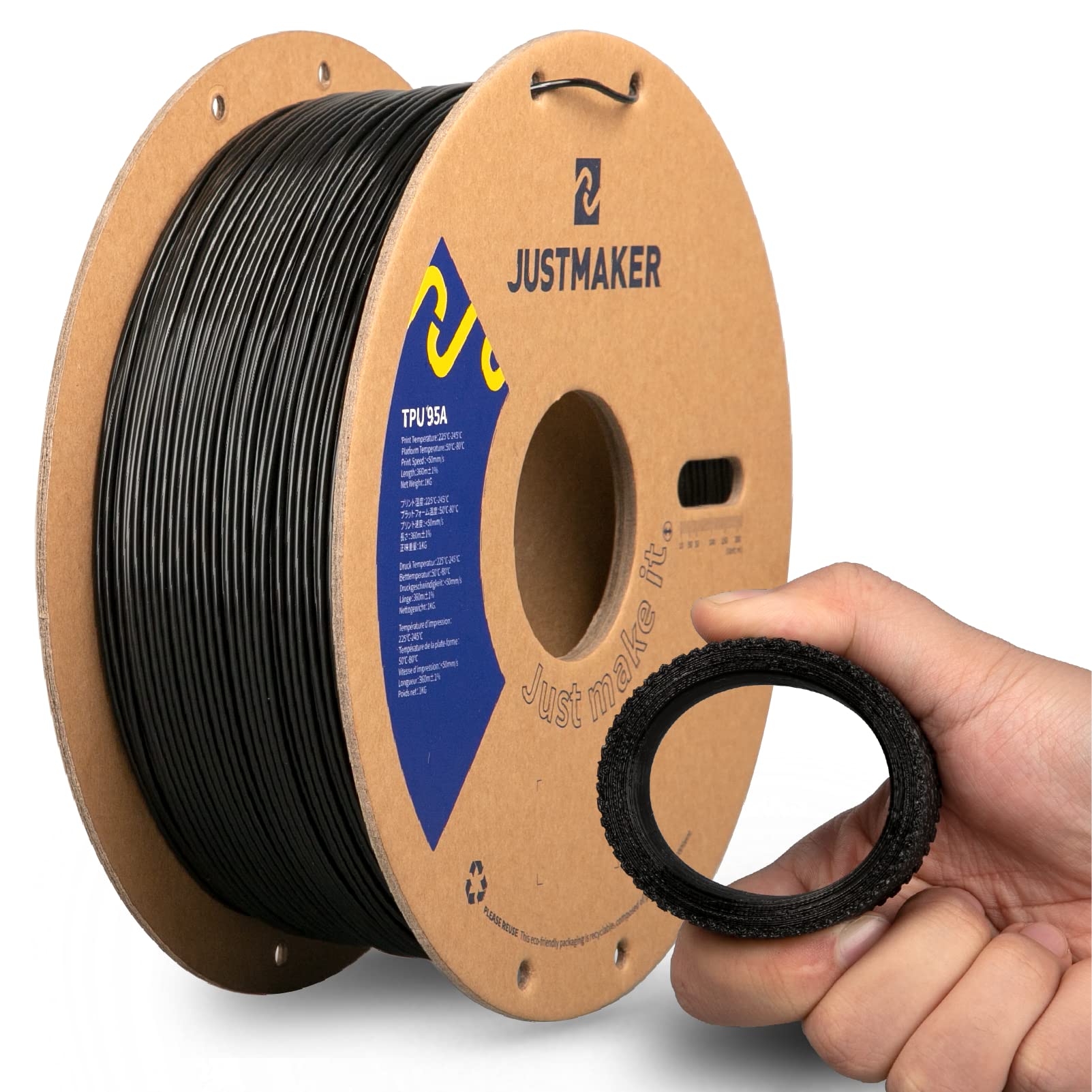 Justmaker Tpu 95A 3D Printer Filament, Suitable Resilience, Upgrade Cardboard Spool, 1Kg, Dimensional Accuracy +/ 0.05Mm, 1.75Mm