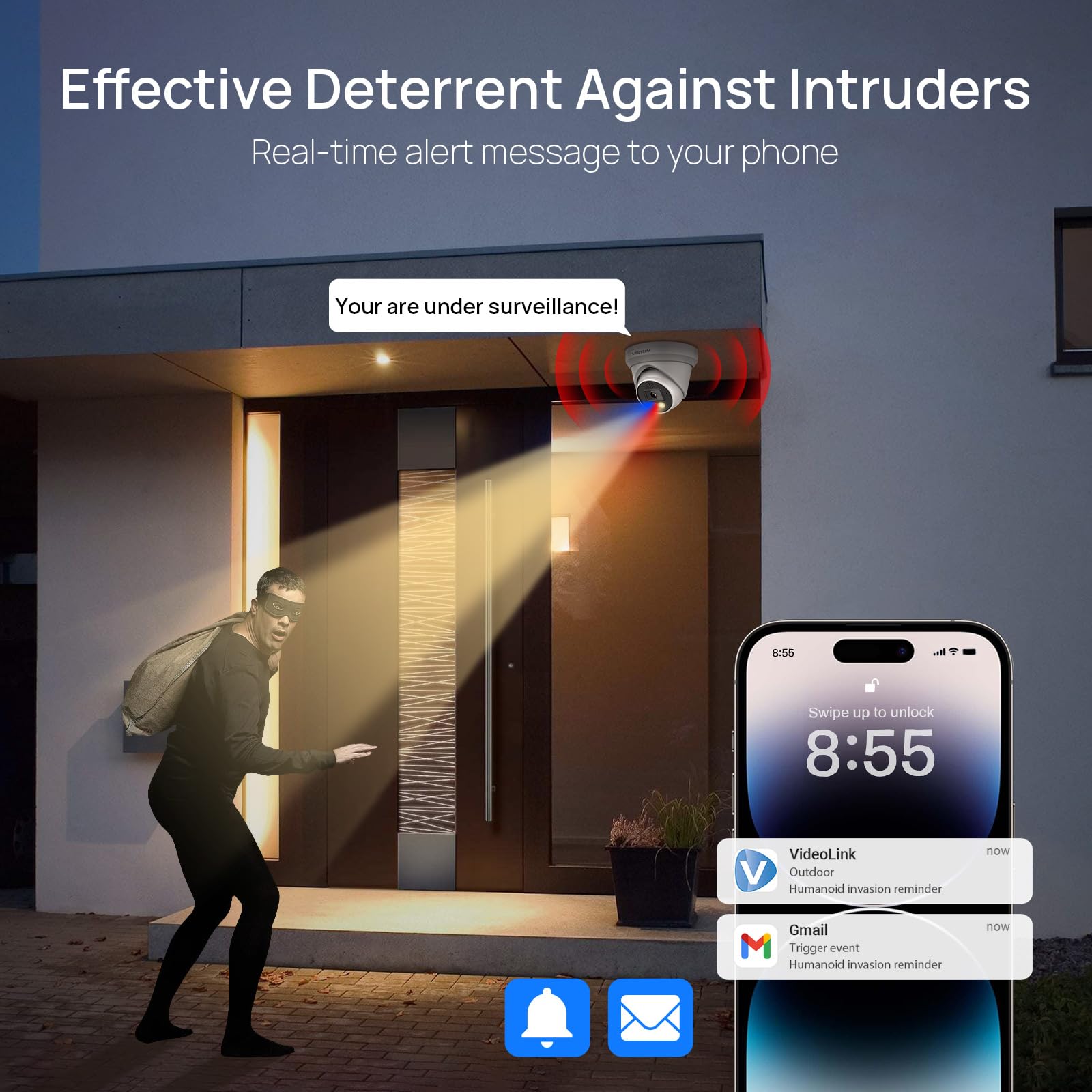 Vikylin 4K 8Mp Poe Ip Dome Camera Active Deterrence (Red/Blue Led, Siren), 98Ft Night Color Vision F1.0, Microsd 256Gb, 2 Way Au