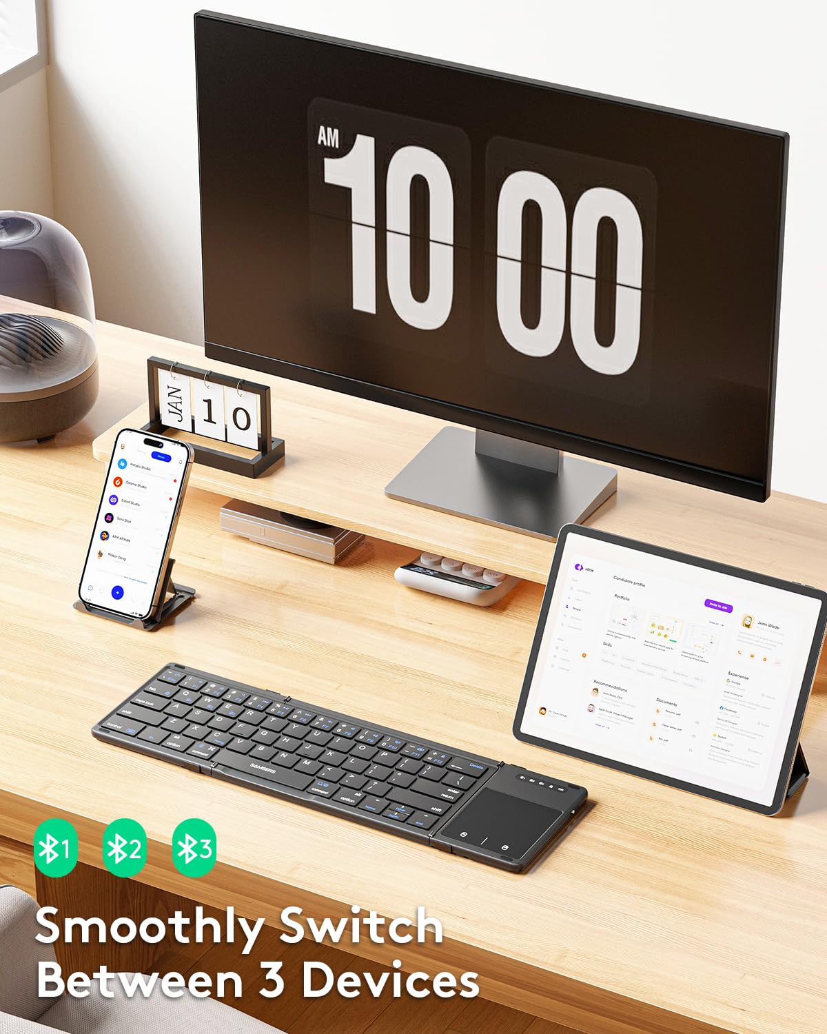 Samsers Foldable Bluetooth Keyboard With Touchpad, Full Size Wireless Folding Keyboard With Pu Leather, Support 3 Devices (Bt5.1