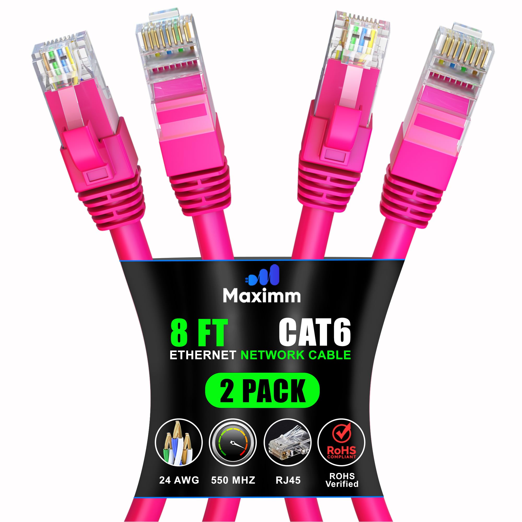 Maximm Cat 6 Ethernet Cable 8 Ft (2 Pack)   High Speed Lan Cable, Internet Cable, Patch Cable, And Network Cable   Utp, 10Gbps, 550Mhz Ethernet Cord   Pink