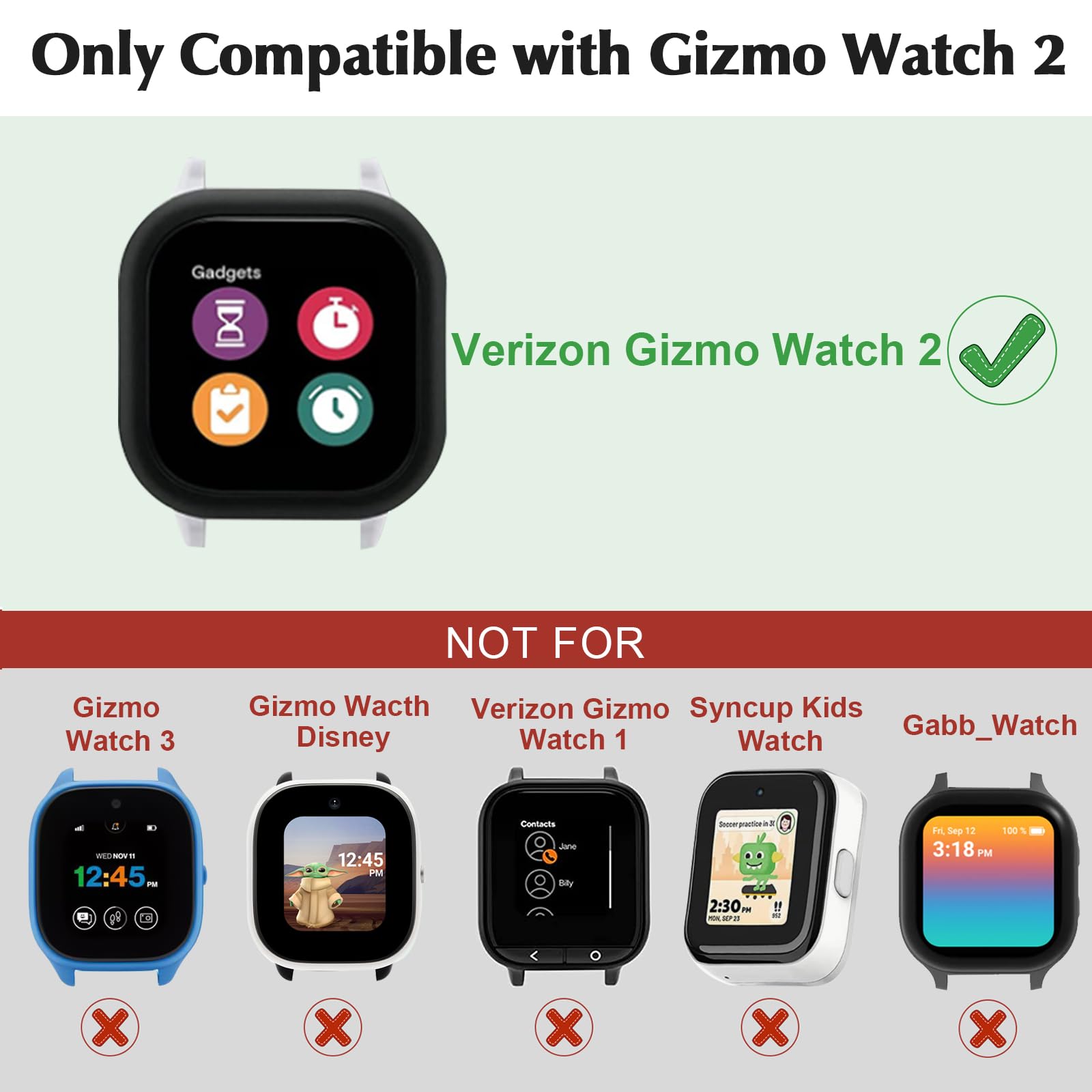 Kuaguozhe [2 Pack] Case Compatible For Gizmo Watch 2 Screen Protector For Kids(2 Pack), Hard Pc Overall Protective Case And Tempered Glass Screen Protector For Verizon Gizmo Watch 2,Black+Black